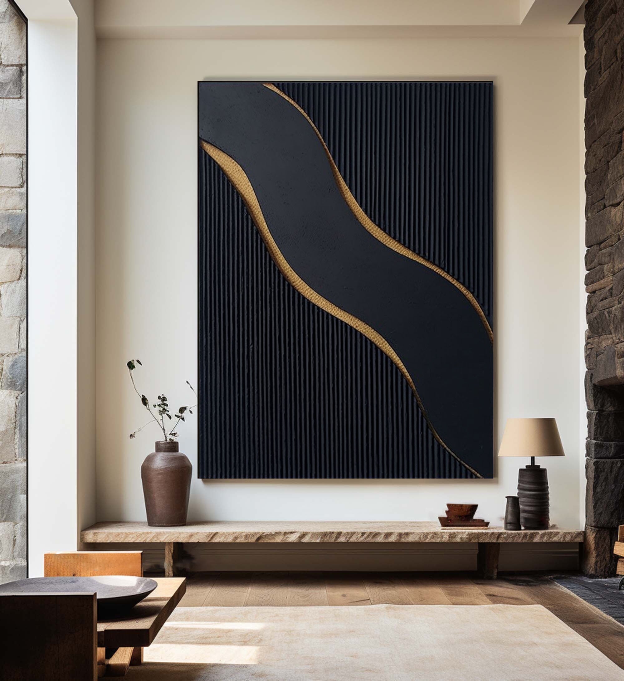 Large Black and Gold Abstract Canvas Art for Home Decor #BM 084