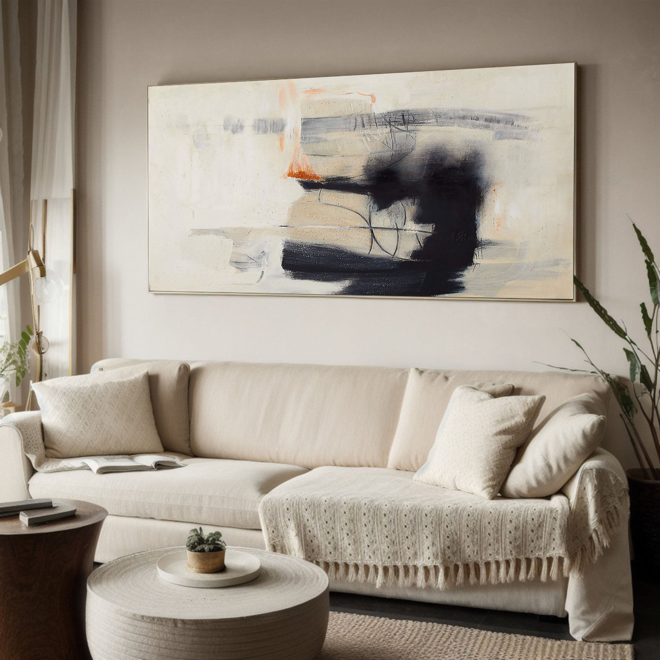 Horizontal Abstract with Dark Calligraphic Forms, Modern Wall Art #BGA 112