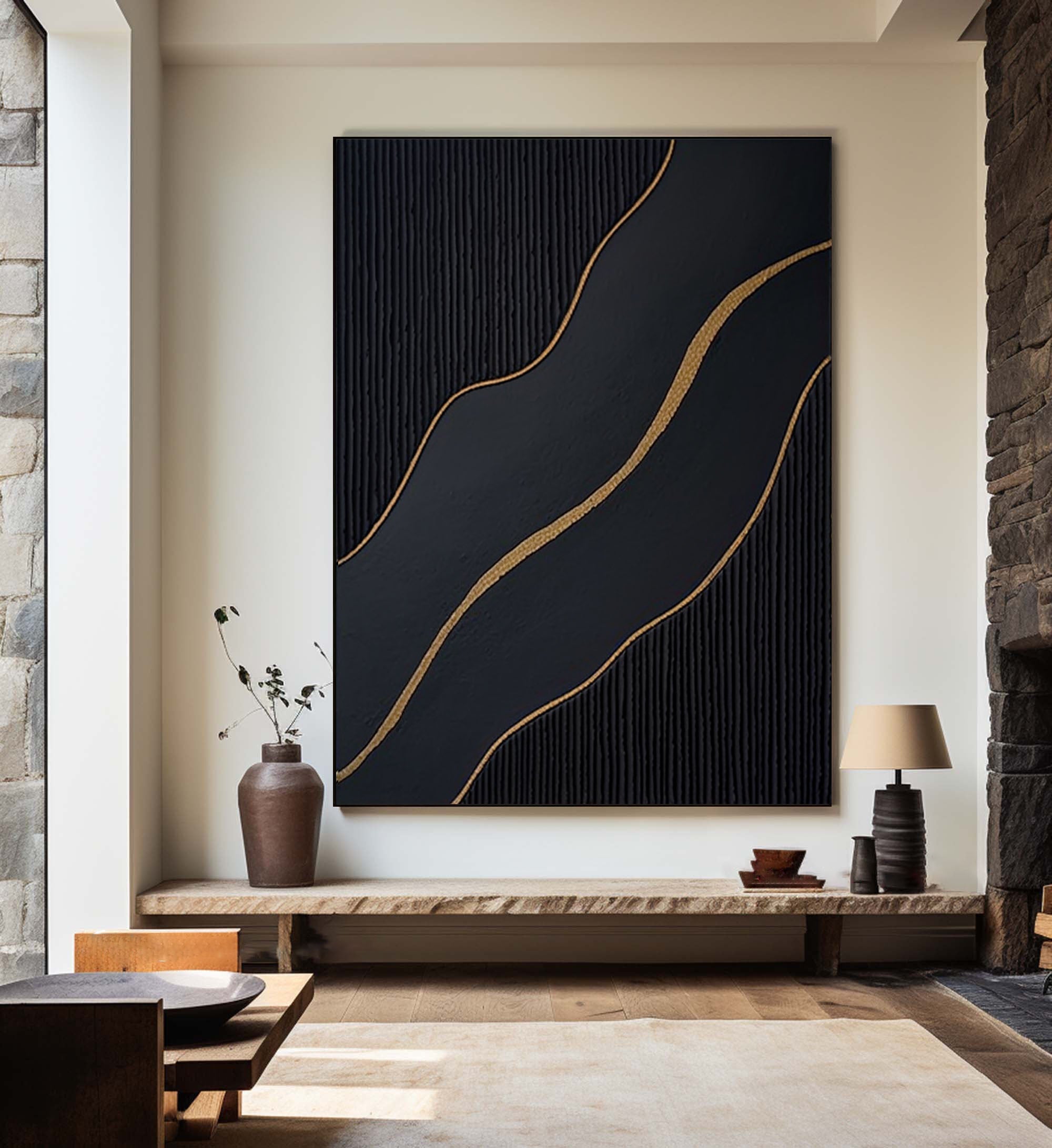 Large Black and Gold Abstract Canvas Art for Home Decor #BM 086
