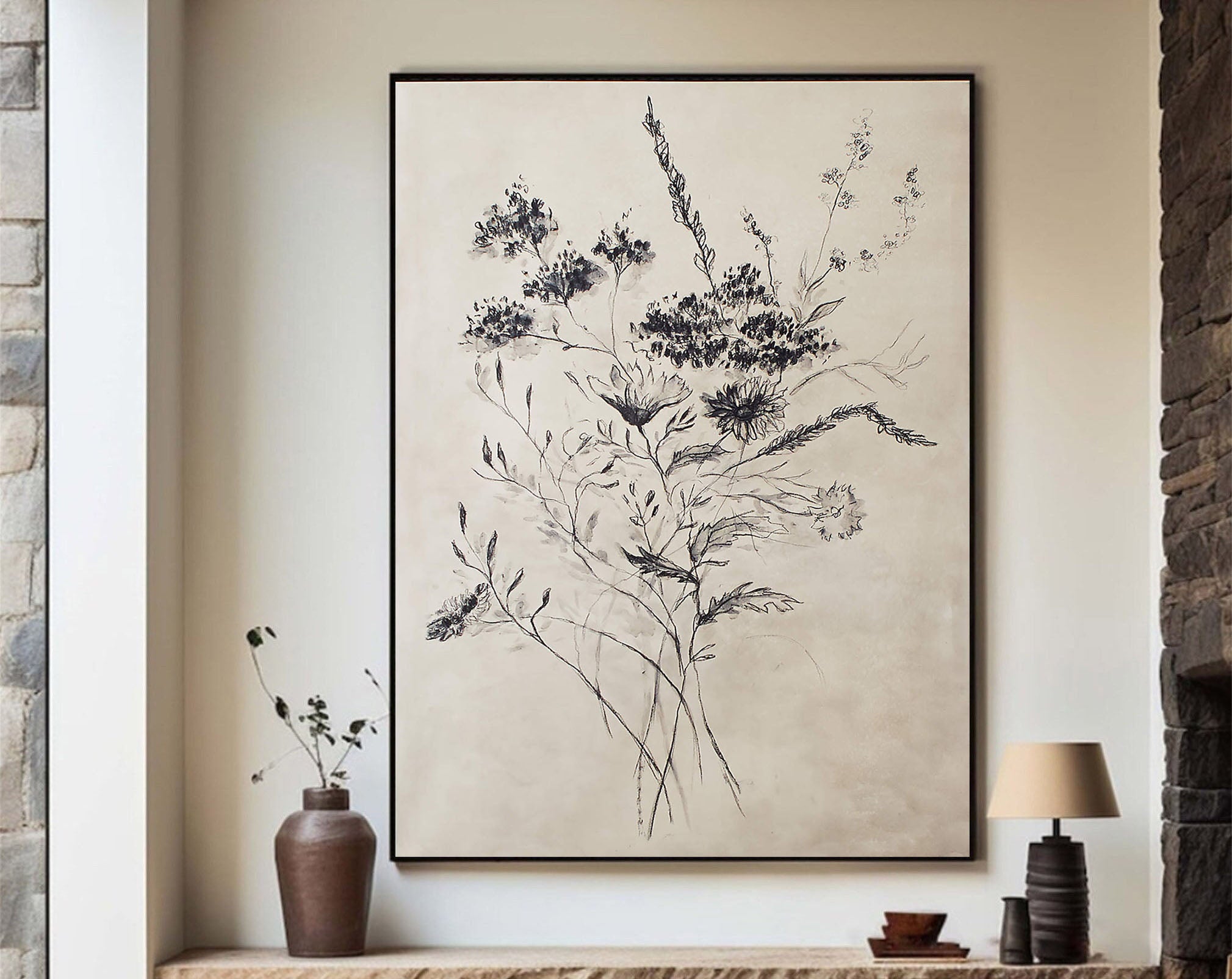 Beige Flower Drawing With Black Line, Contemporary Wall Art #BGA 095