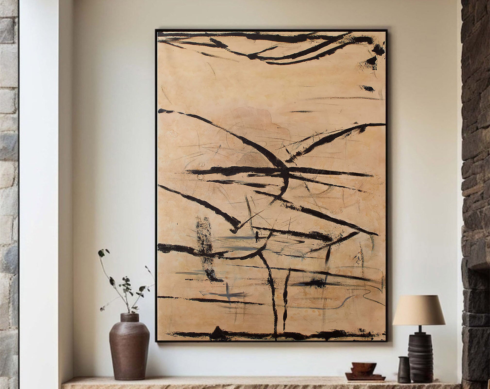 Beige and Black Abstract Line Canvas, Modern Minimalist Style #BGA 088