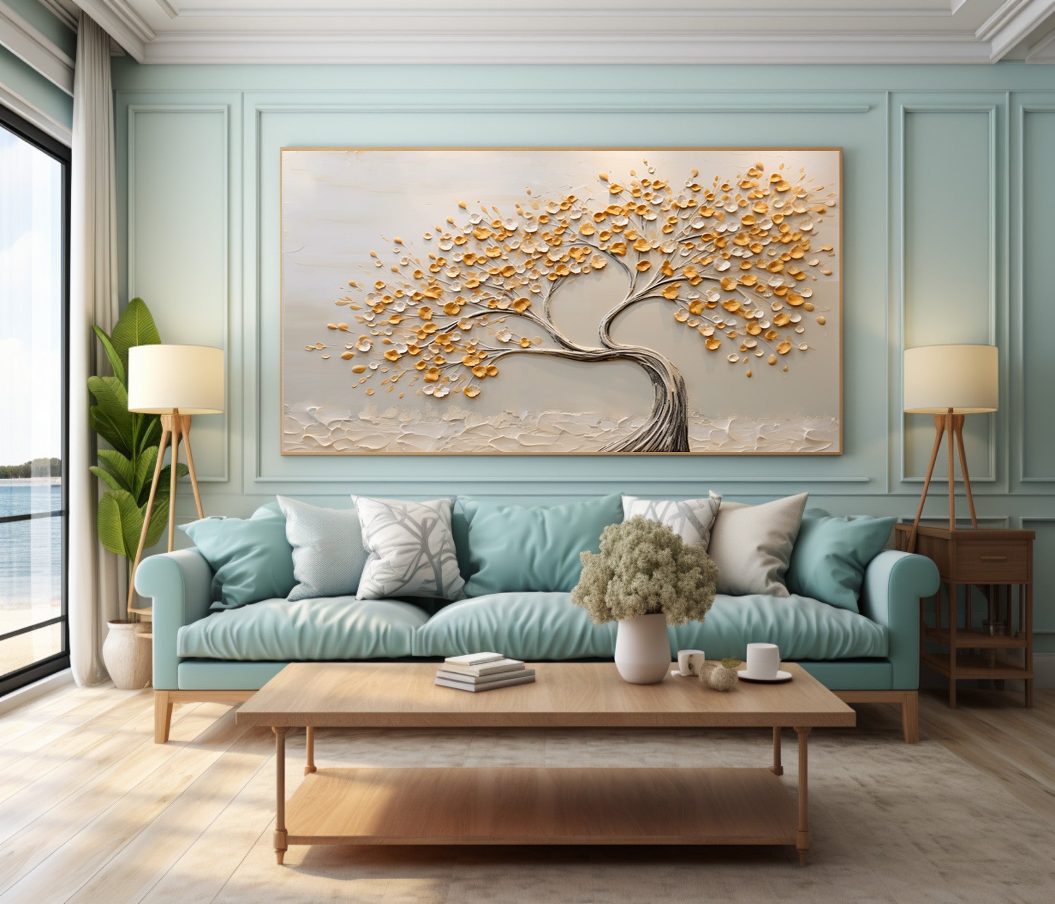 Serene Landscape Painting Abstract Golden Tree Canvas #WG 090