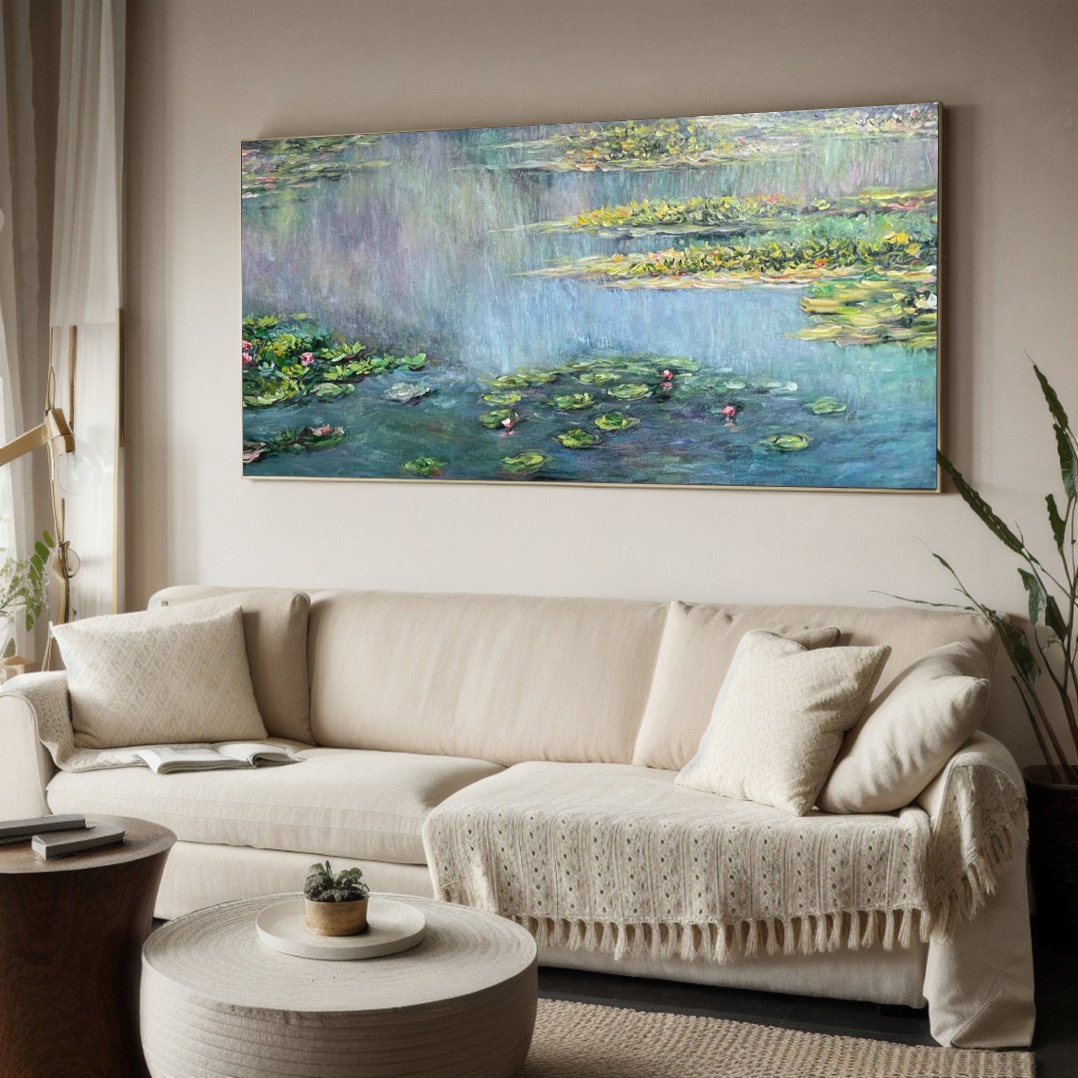 Monet Inspired Water Lilies, Horizontal Impressionist Wall Art #BGA 170