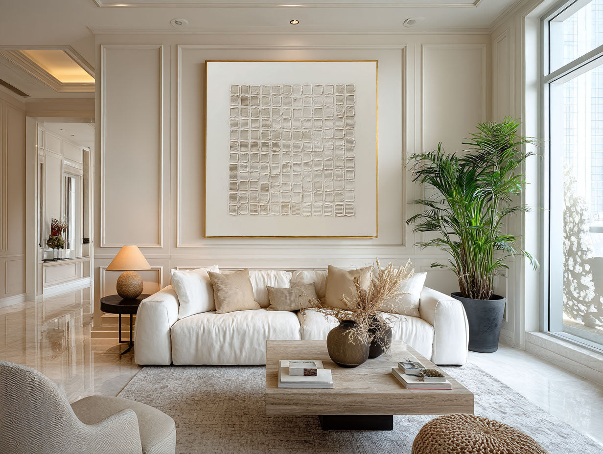 Modern Textured Wall Art White Cream Square Decor #WG 055