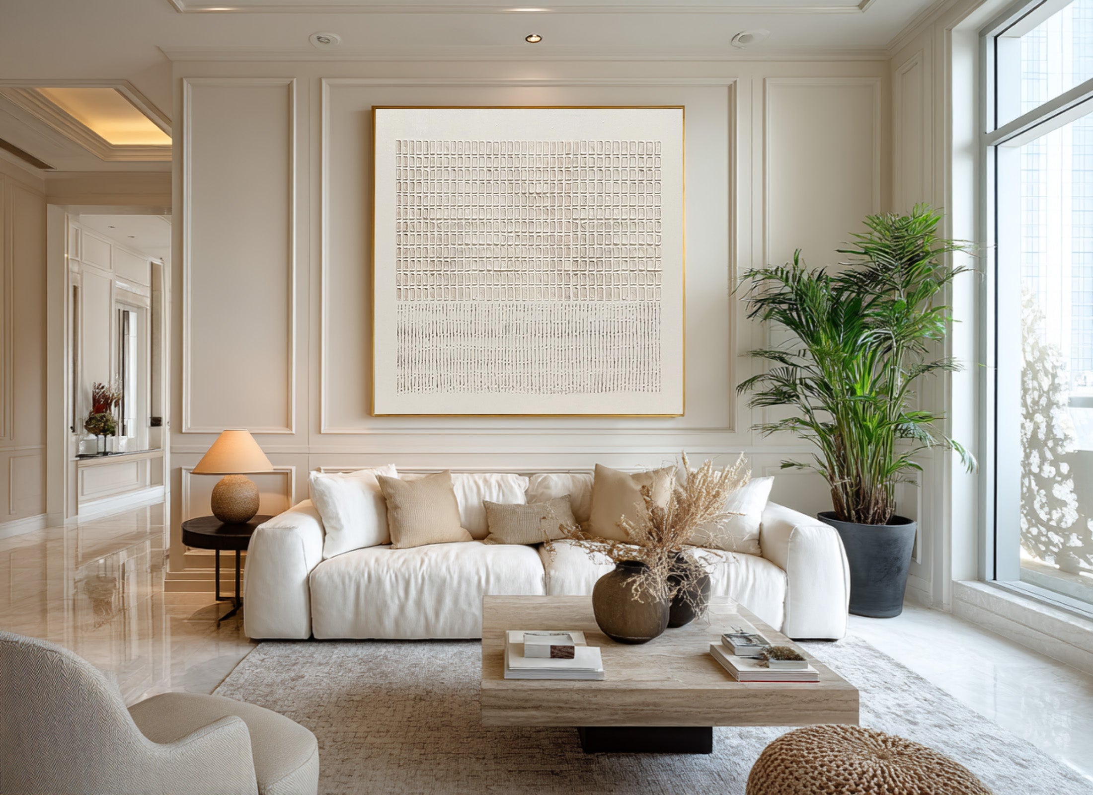 Large Modern Abstract Oil Painting, Beige Textured Grid Wall Art for Contemporary Interiors #WAC 018