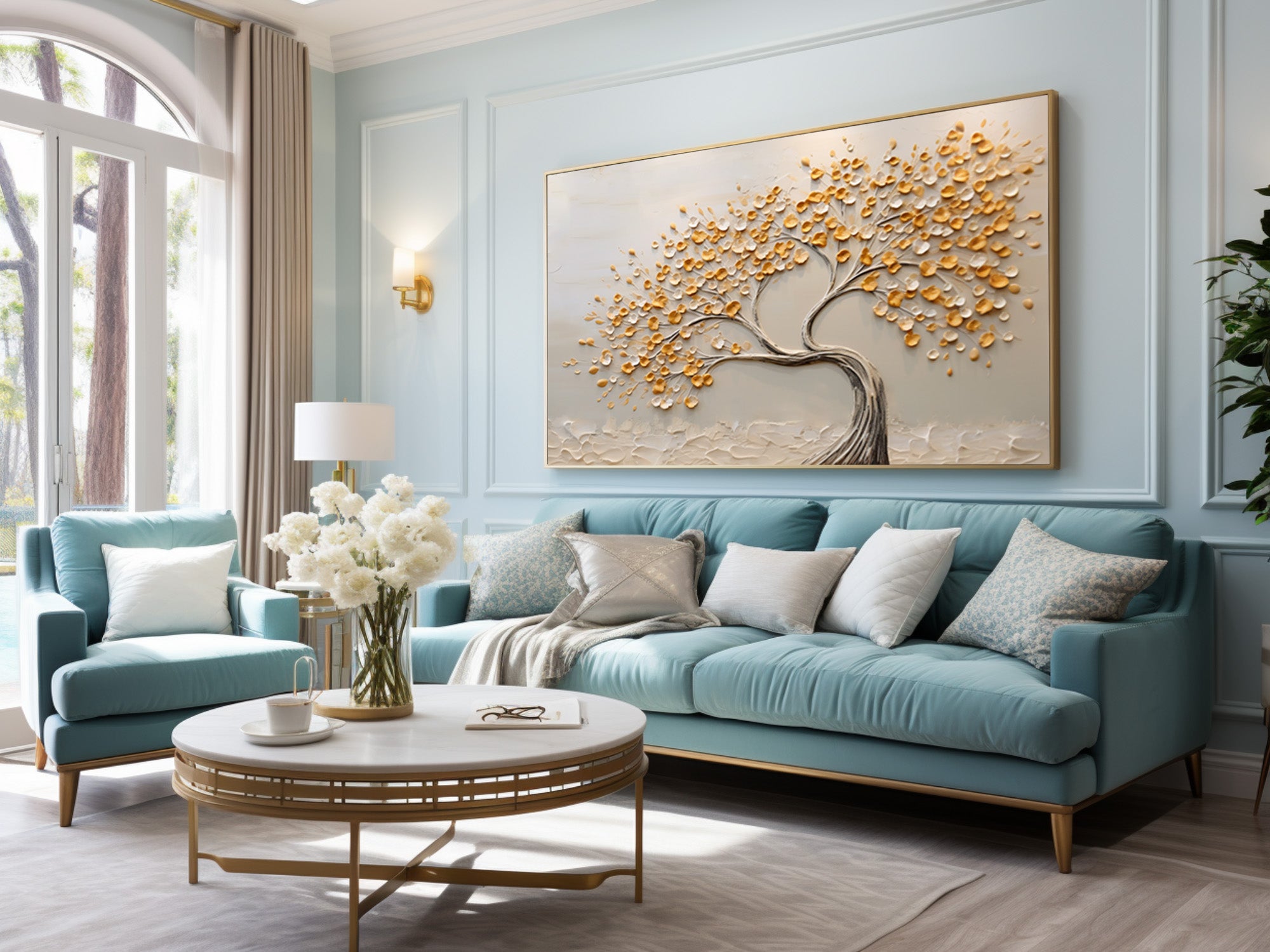 Serene Landscape Painting Abstract Golden Tree Canvas #WG 090