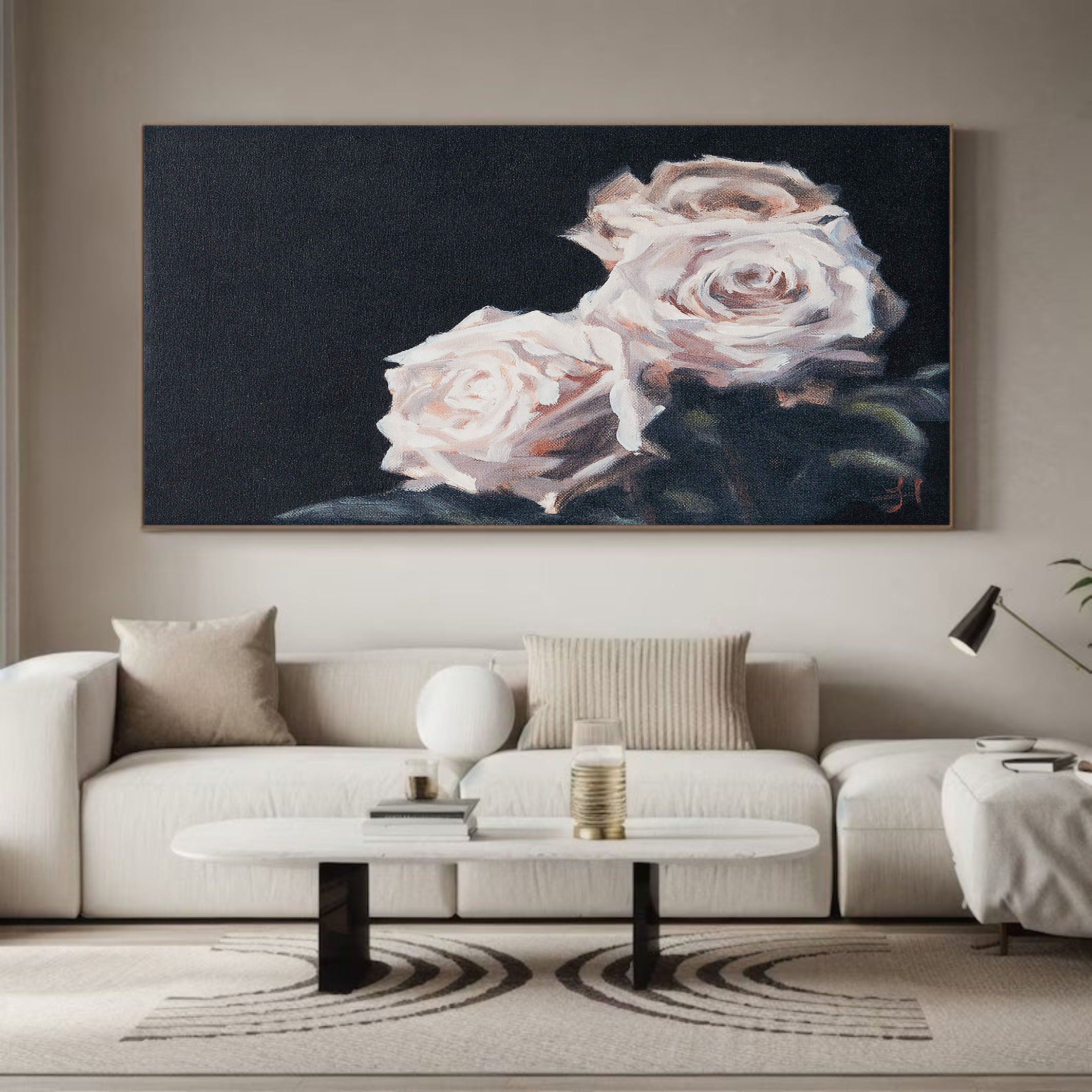 Delicate Rose Blooms In Dark, Contemporary Wall Art #BGA 120