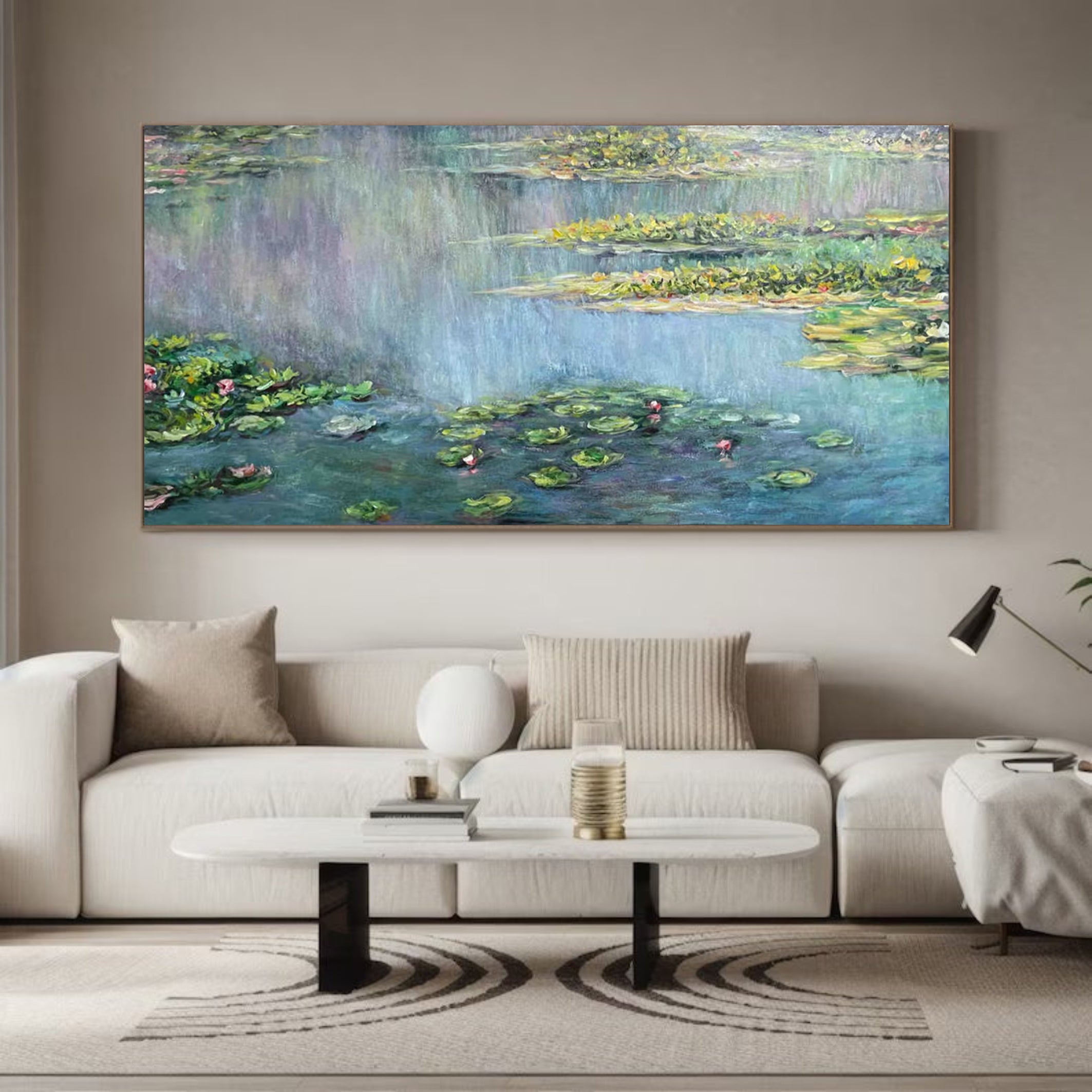 Monet Inspired Water Lilies, Horizontal Impressionist Wall Art #BGA 170
