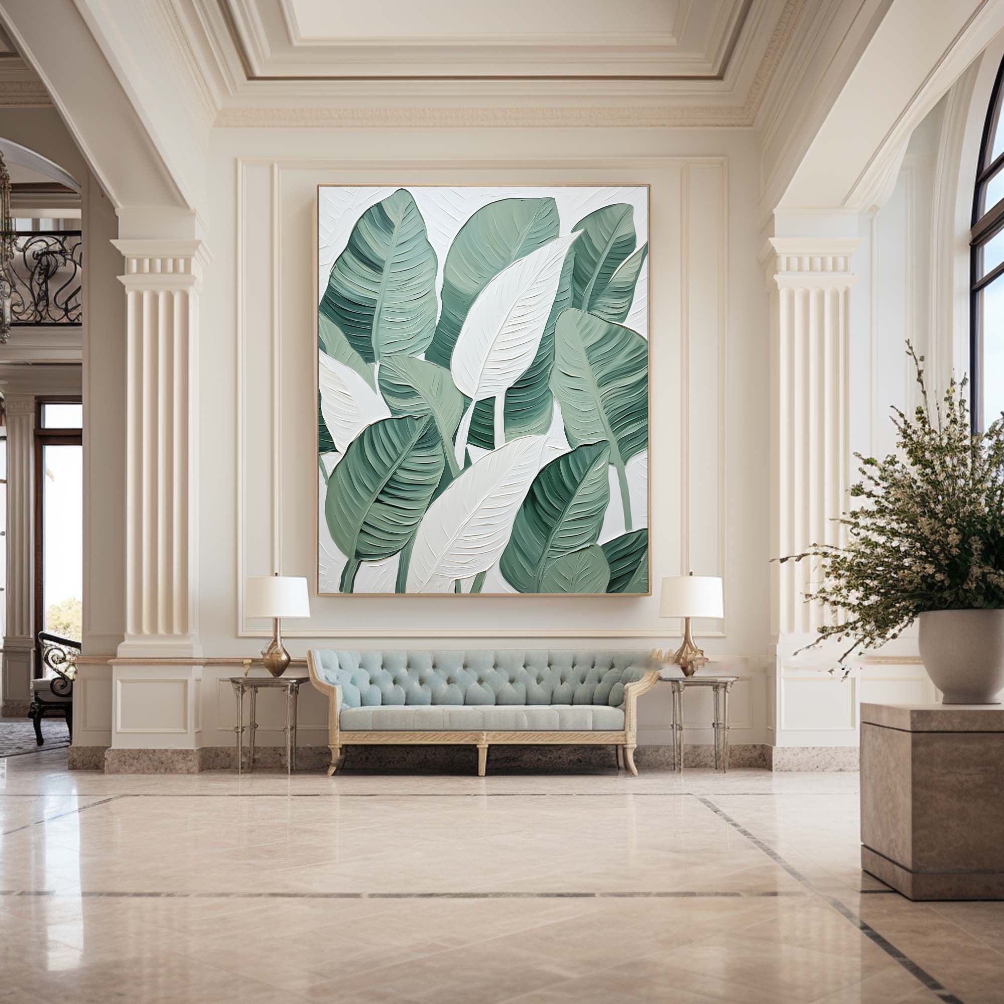 Leaf Symphony: Green and White Botanical Wall Art #BGM 049