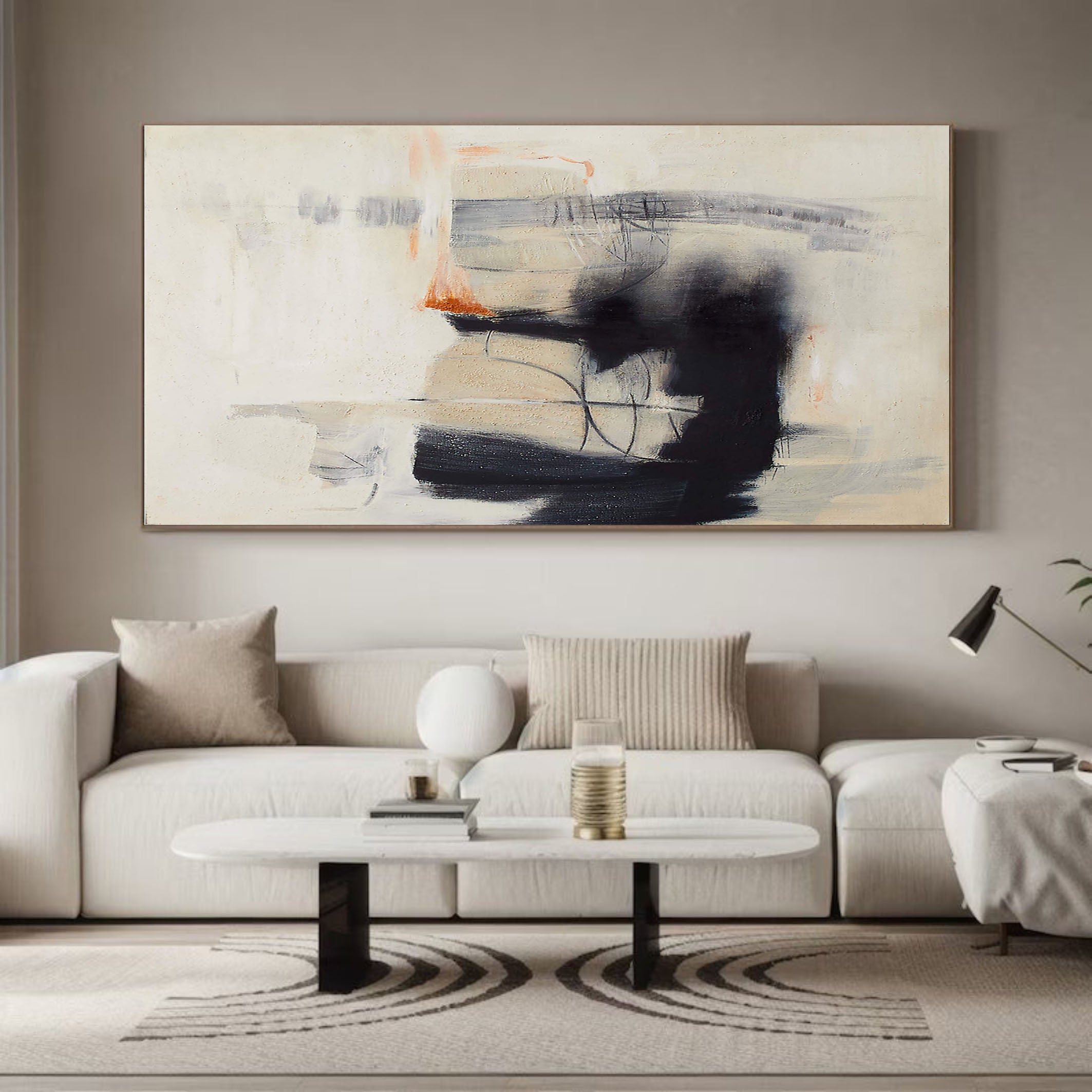 Horizontal Abstract with Dark Calligraphic Forms, Modern Wall Art #BGA 112