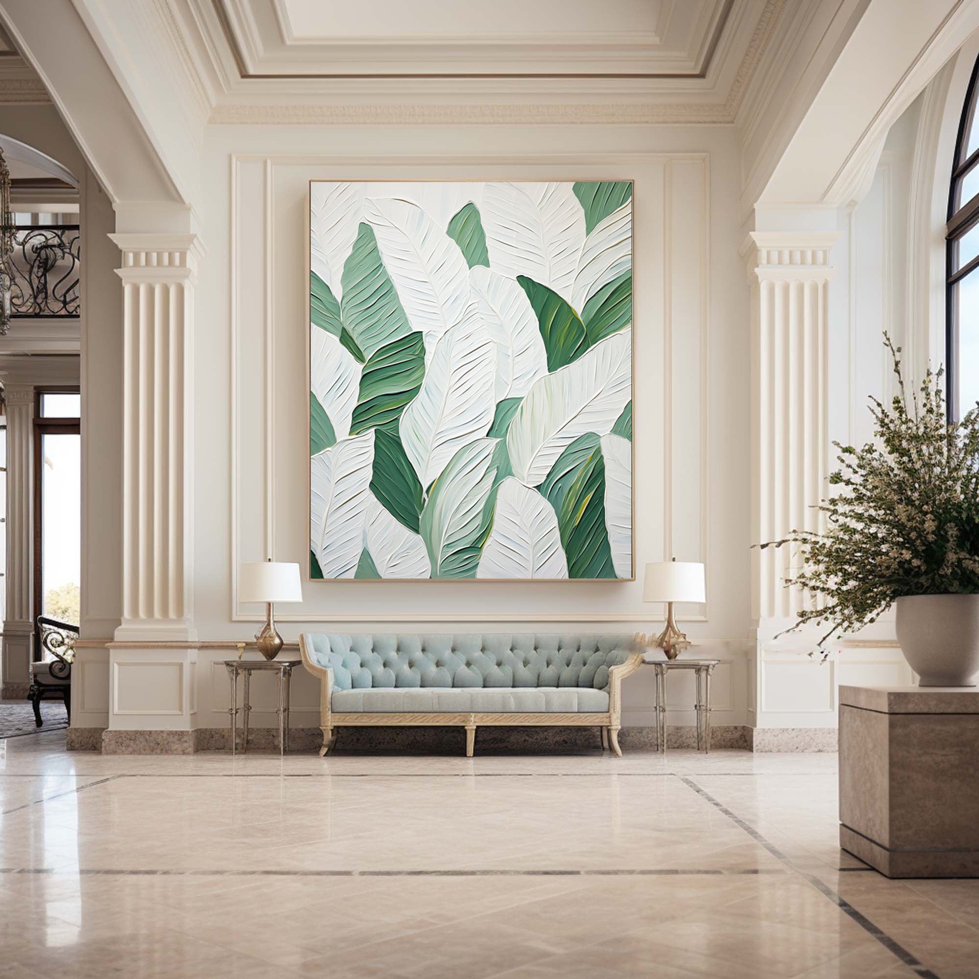 Leaf Symphony: Green and White Botanical Wall Art #BGM 050
