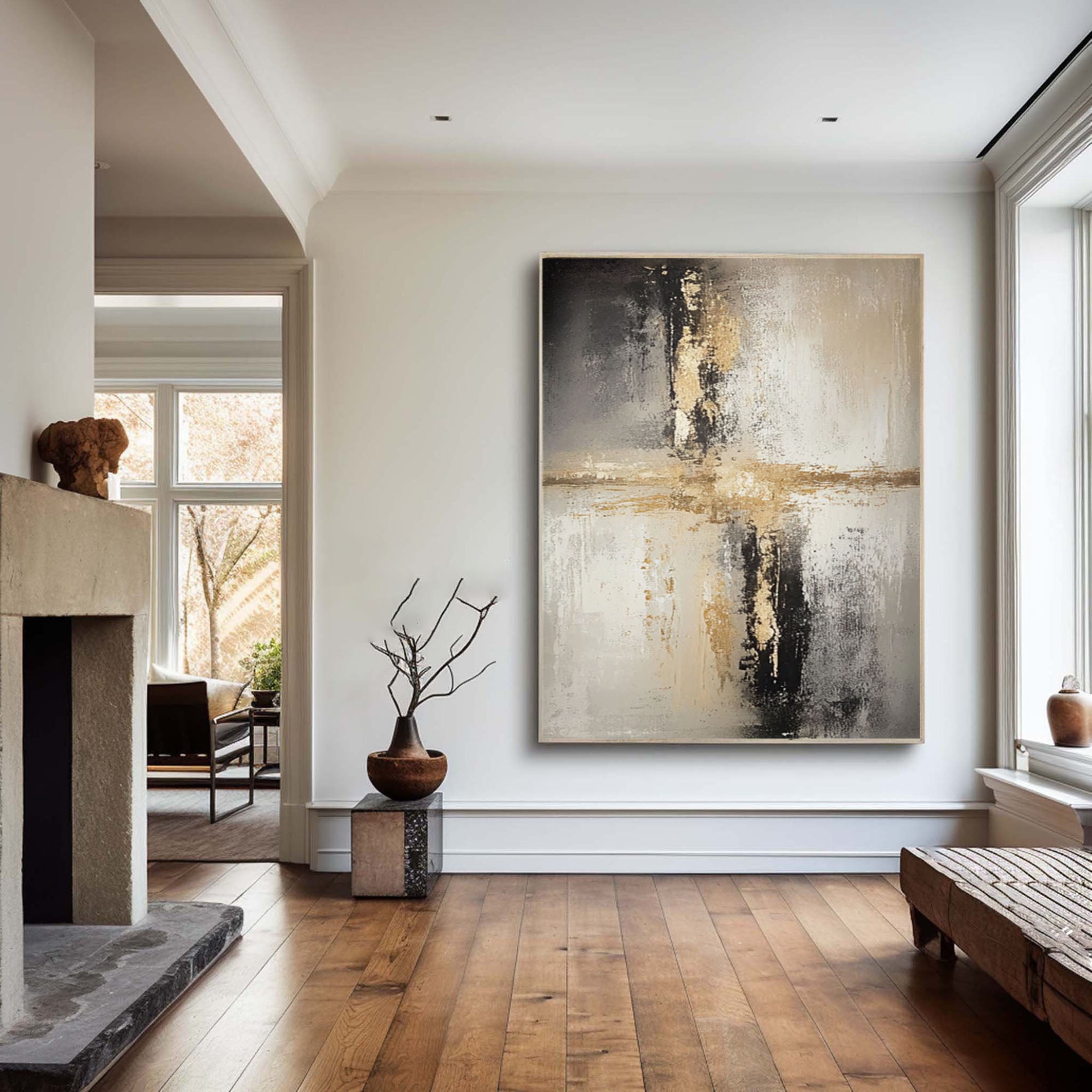 Abstract Canvas with Neutral Tones and Glimmering Center #BGA 292