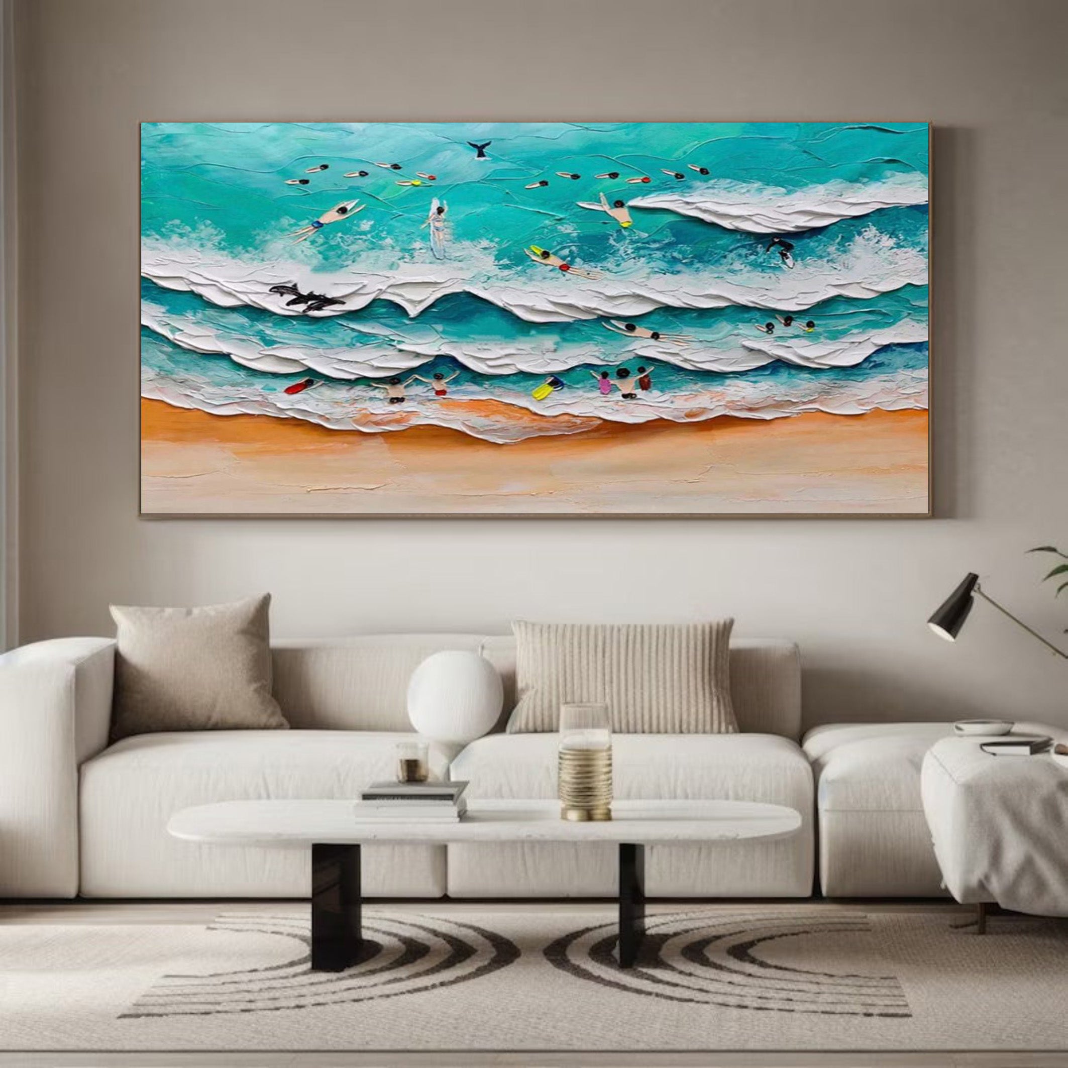 Colorful Beach with Surfers, Tactile Ocean Wall Art #BGA 235