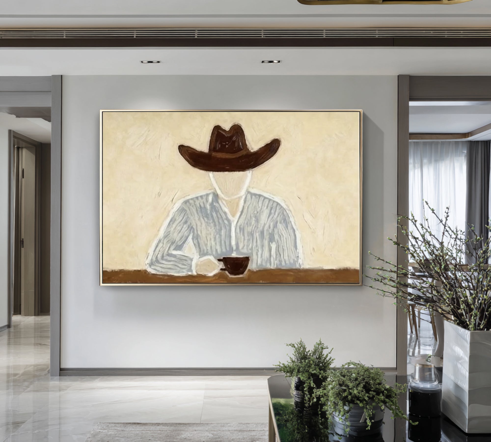 Large Cowboy Coffee Painting Modern Western Wall Art