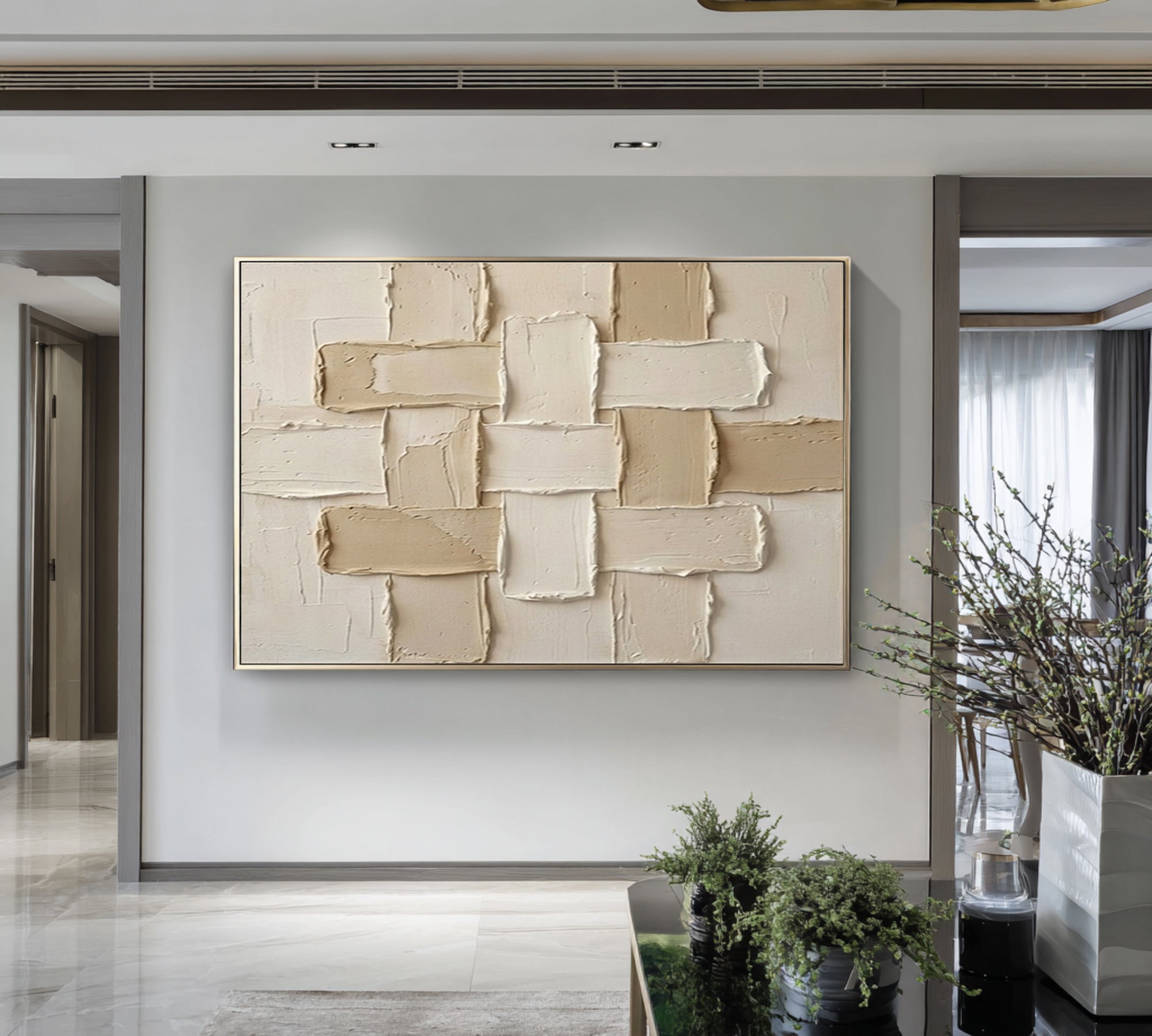 Large Neutral Woven Texture Wall Art Modern Geometric Canvas Painting