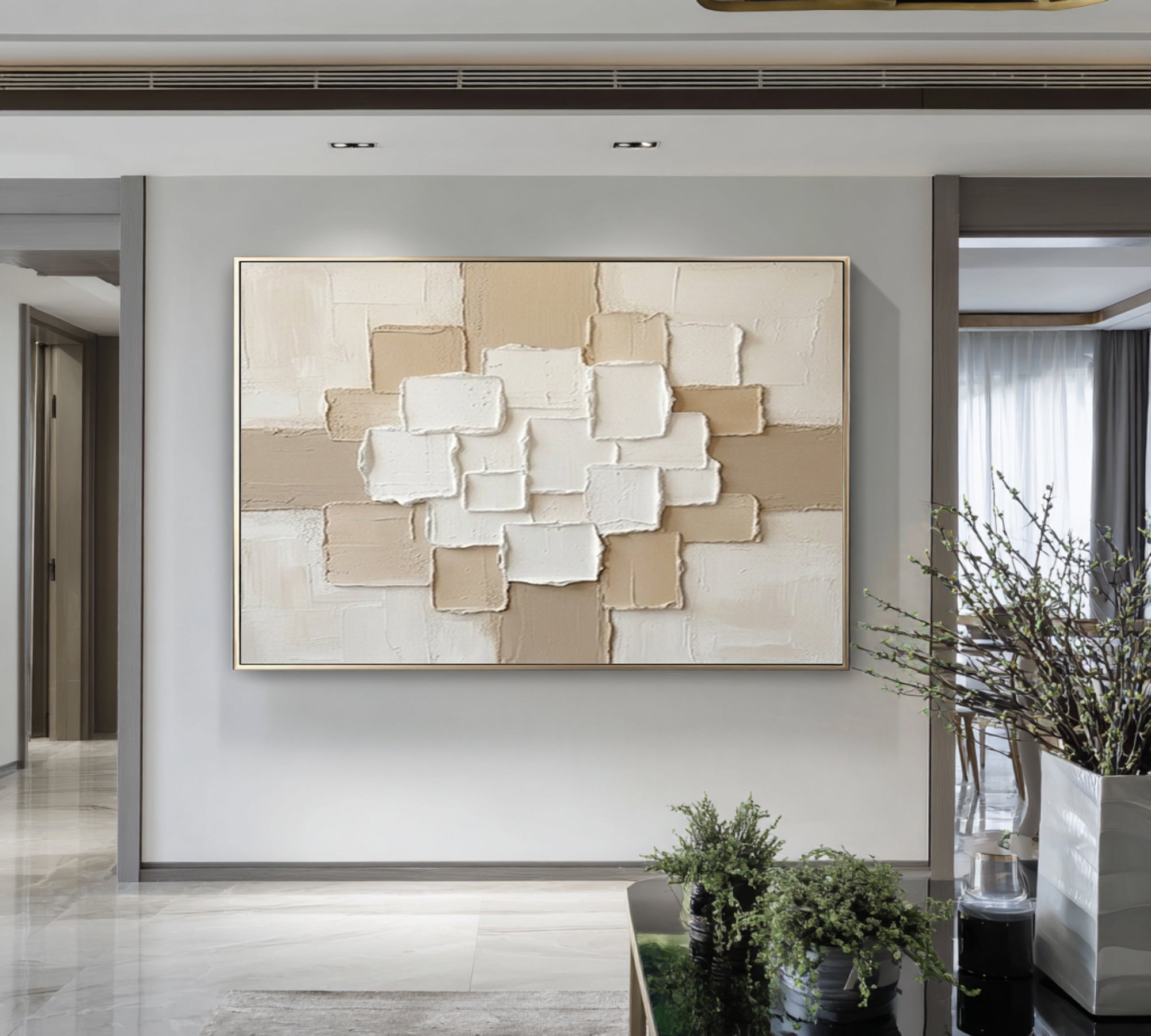Large Beige Geometric Texture Painting Contemporary Neutral Wall Decor