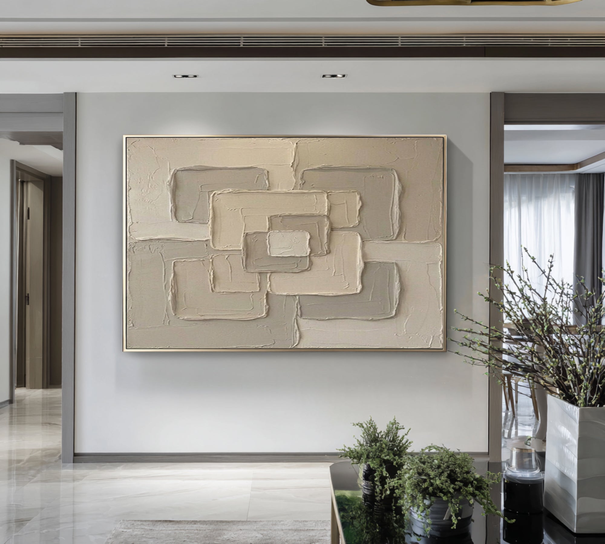 Large Neutral Interlocking Geometric Wall Art Hand Painted Textured Canvas