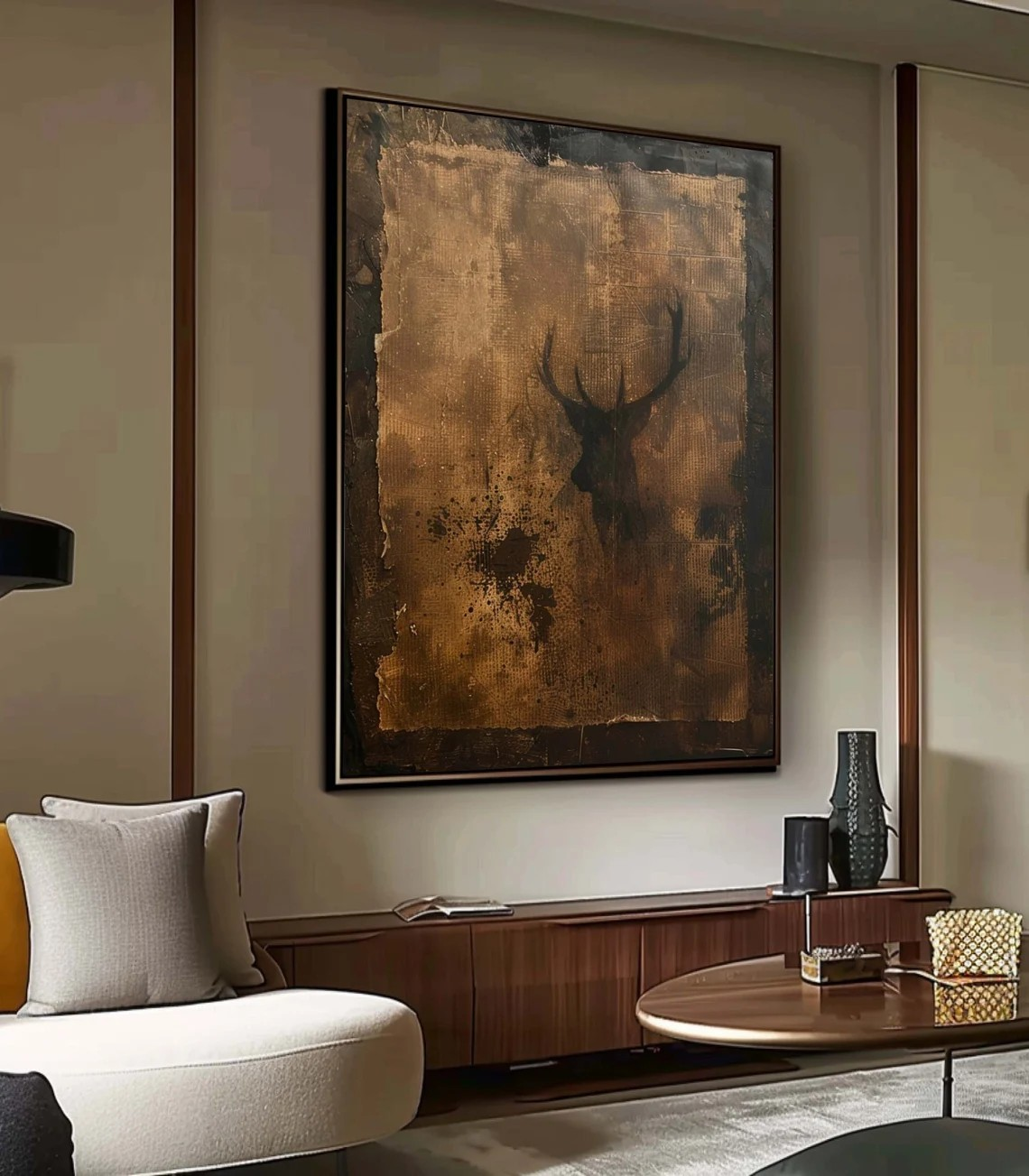 Wabi-Sabi Textured Canvas with Deer Abstract, Rustic Wall Art #BGA 134