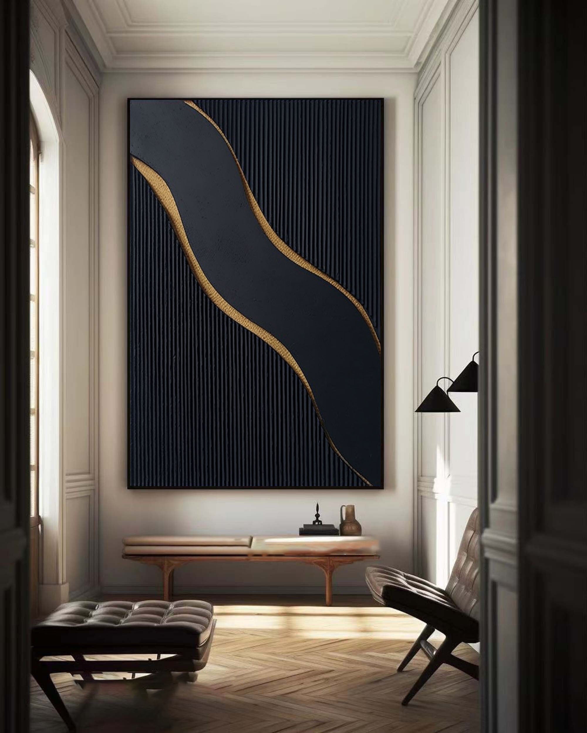 Large Black and Gold Abstract Canvas Art for Home Decor #BM 084