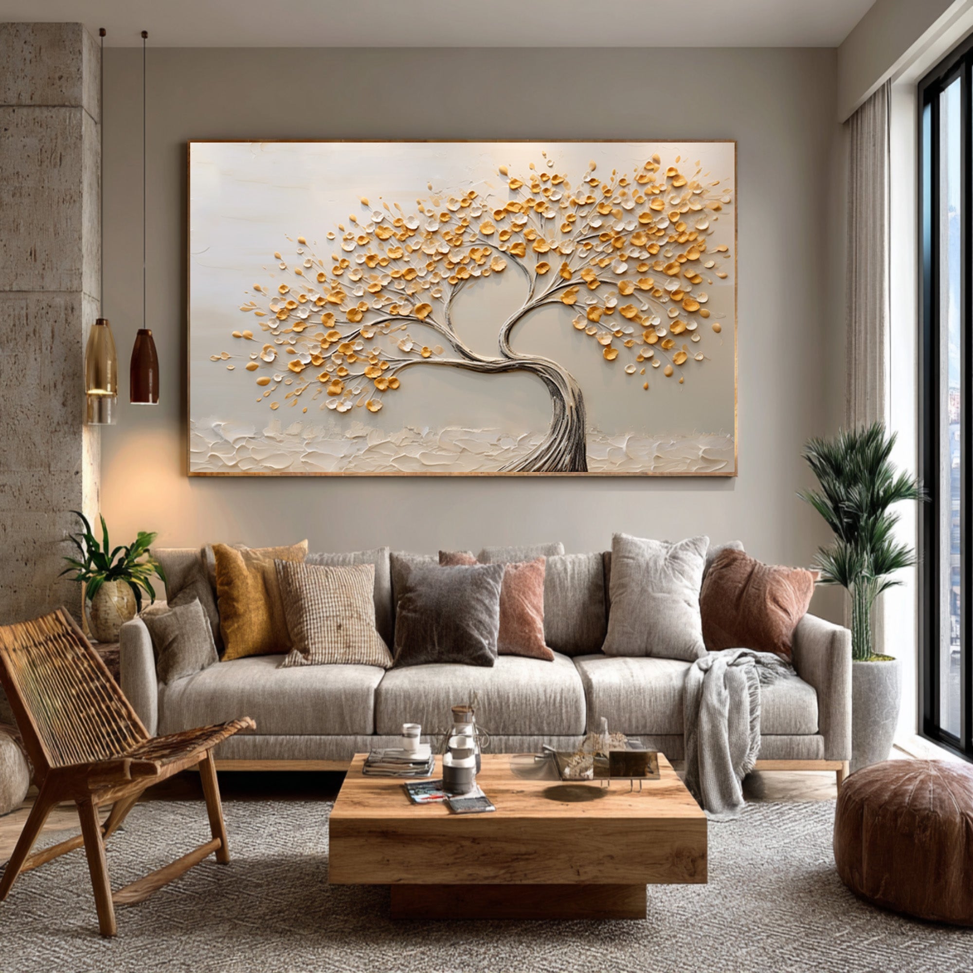 Serene Landscape Painting Abstract Golden Tree Canvas #WG 090