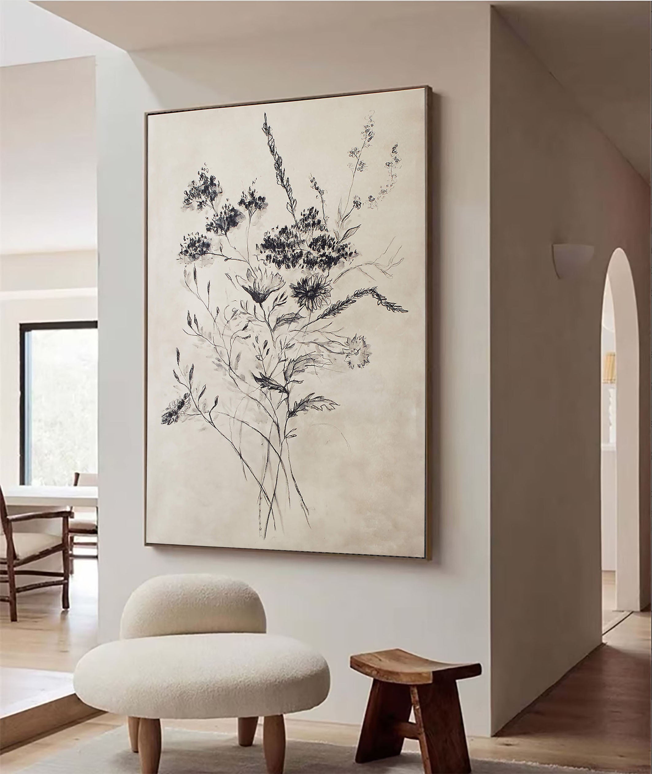 Beige Flower Drawing With Black Line, Contemporary Wall Art #BGA 095