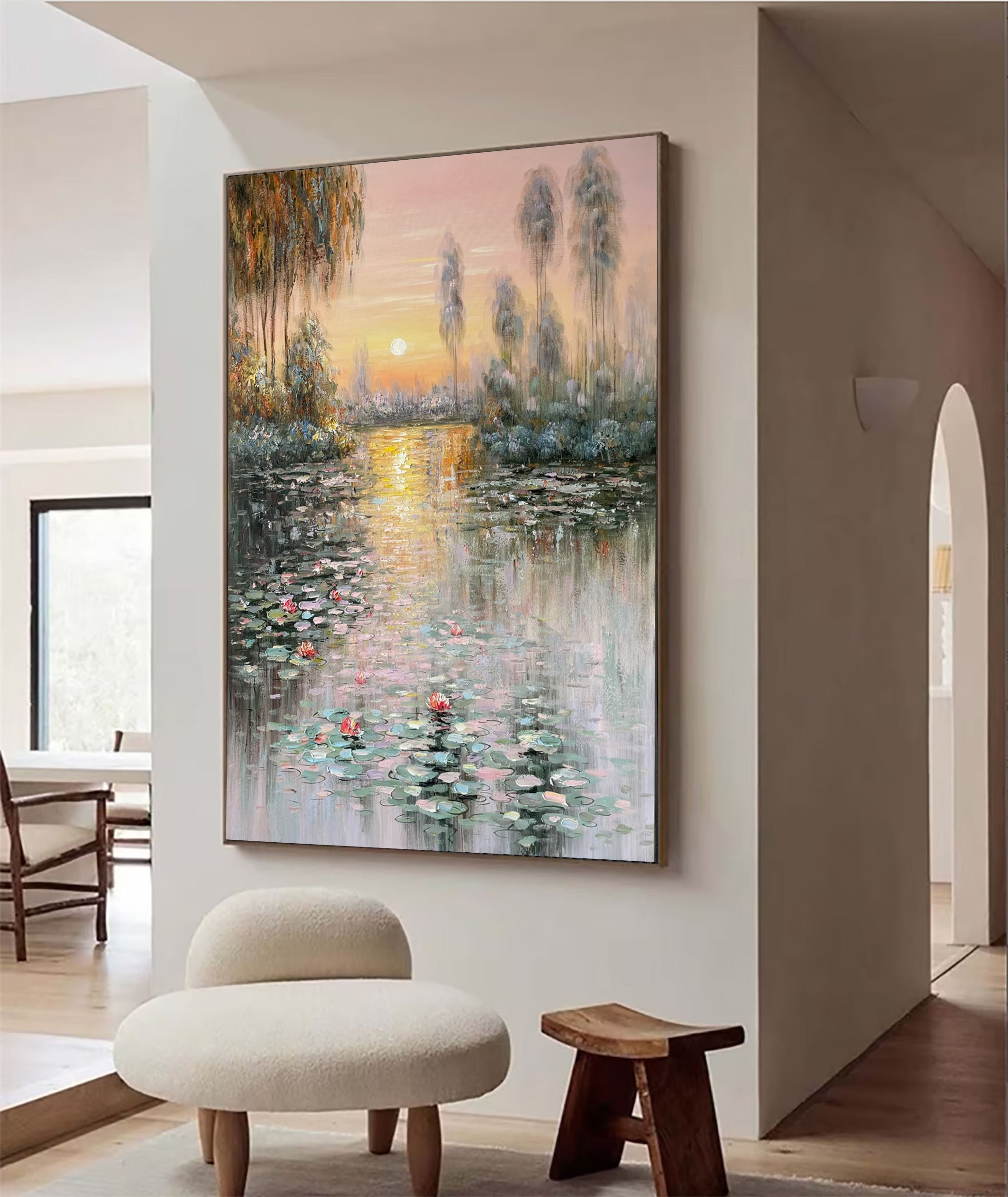 Sunset Bloom: Impressionistic Lily Pond, Vibrant Landscape Art #BGA 181