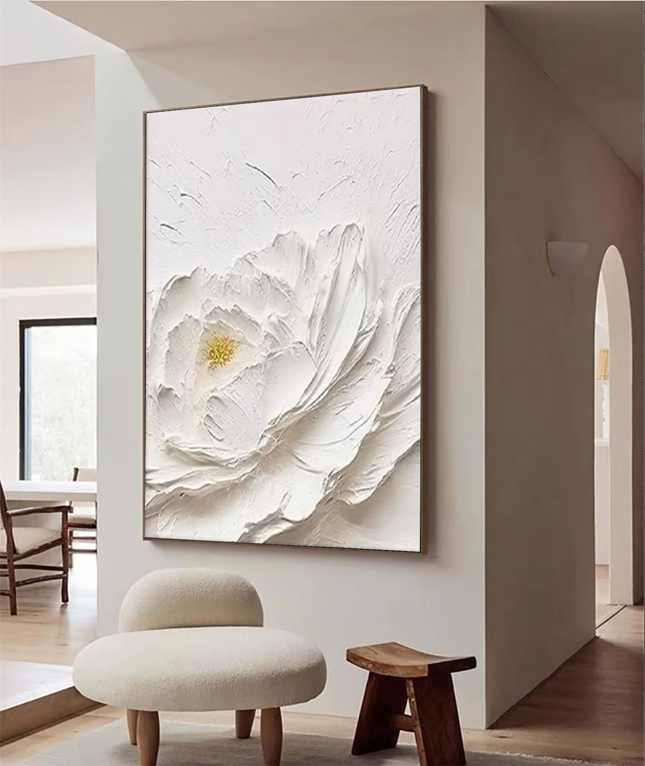 Textured Petals: White Flower Relief, Sculptural Floral Art #BGA 196