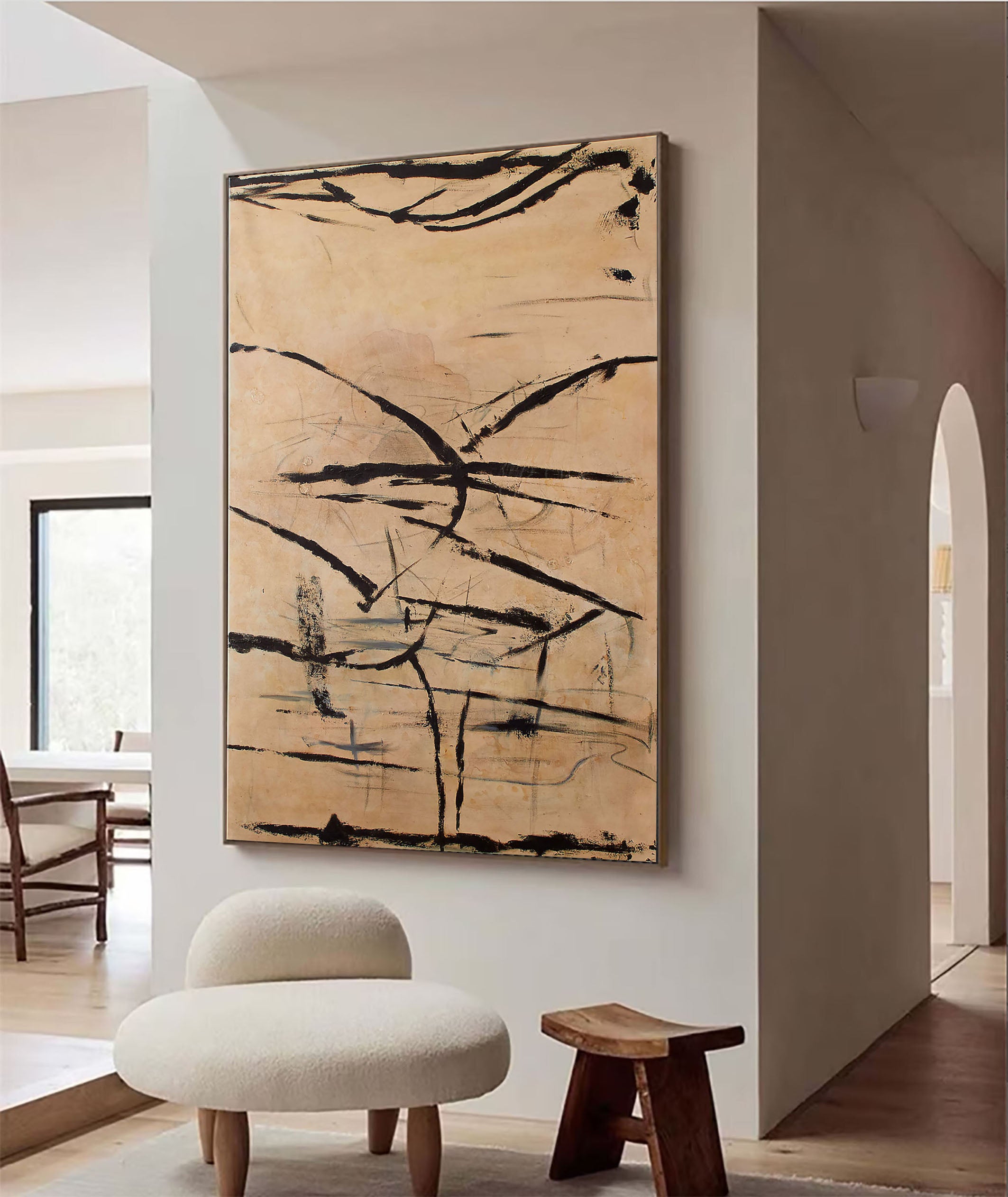 Beige and Black Abstract Line Canvas, Modern Minimalist Style #BGA 088