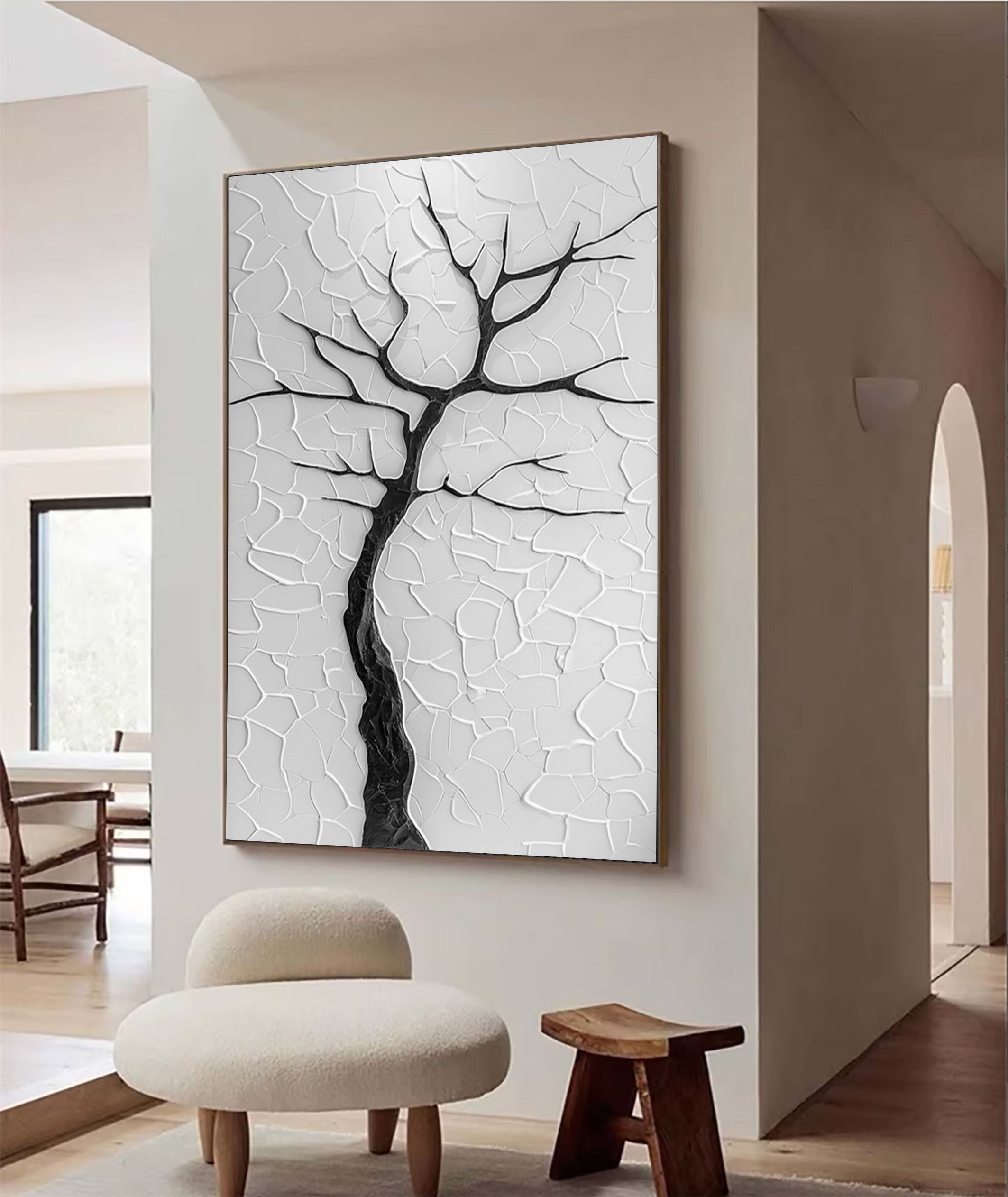 Contemporary Black Tree Silhouette on Textured Neutral Canvas #BGA 285