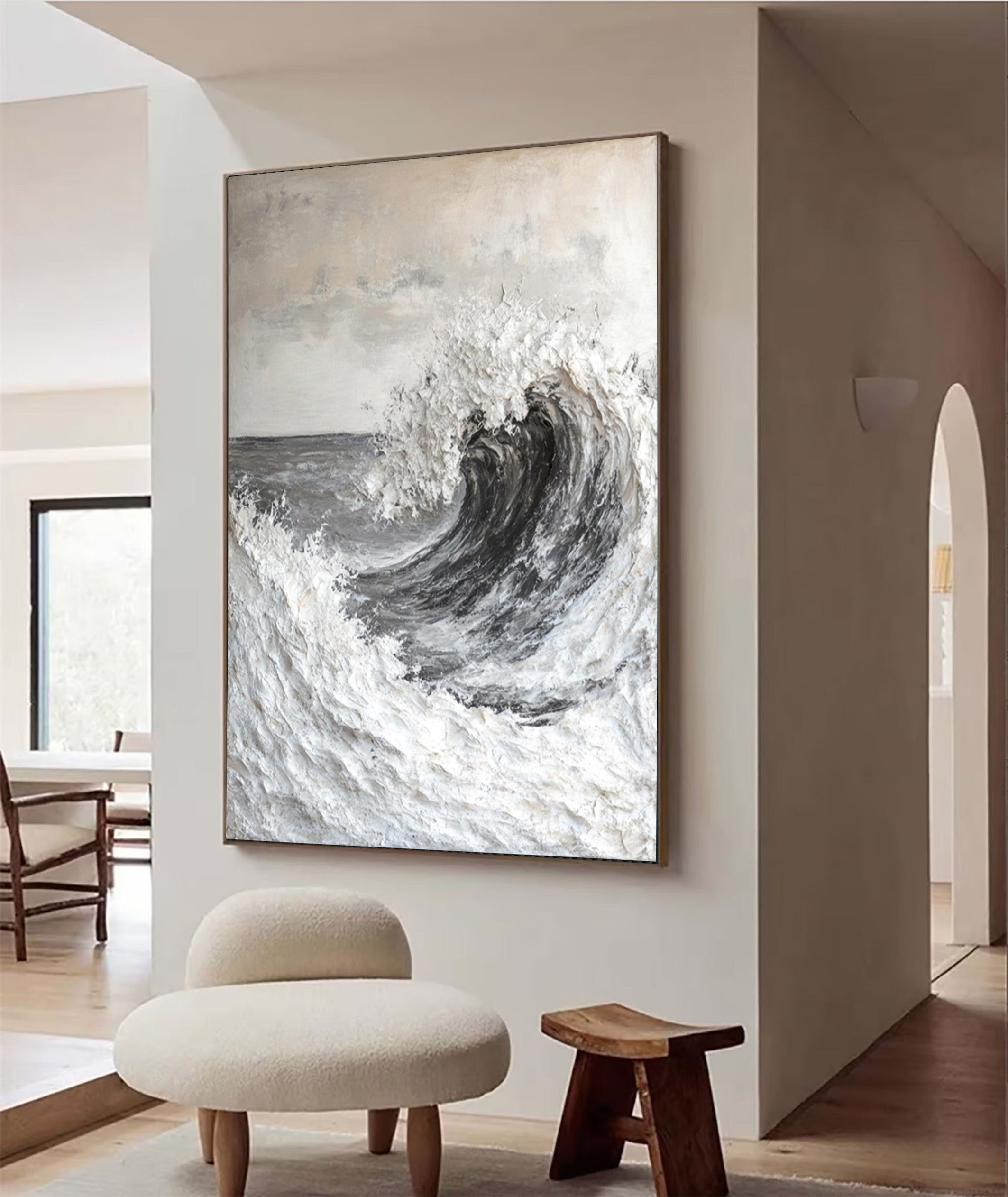 Contemporary Grayscale Ocean Art with Texture Wave #BGA 283