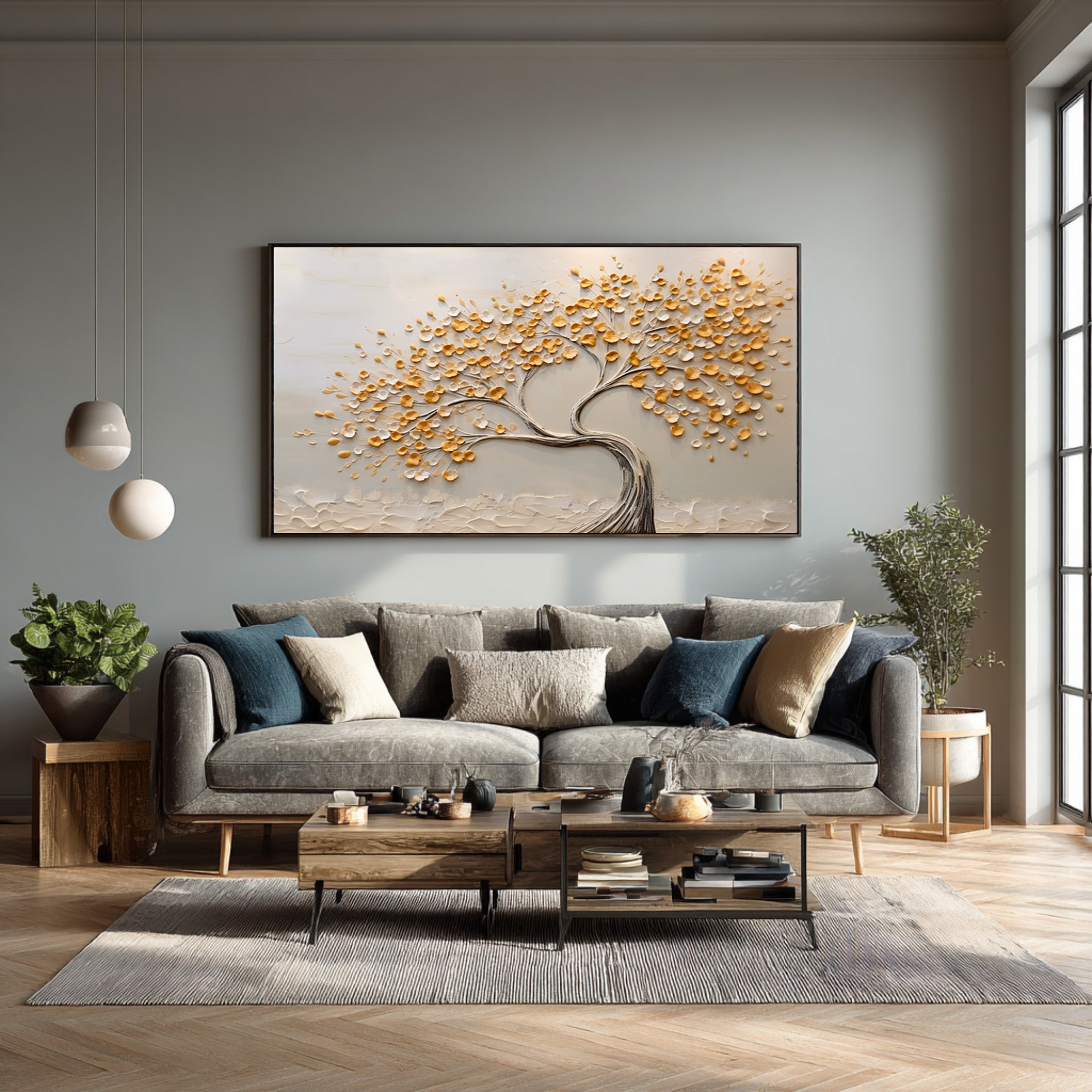 Serene Landscape Painting Abstract Golden Tree Canvas #WG 090