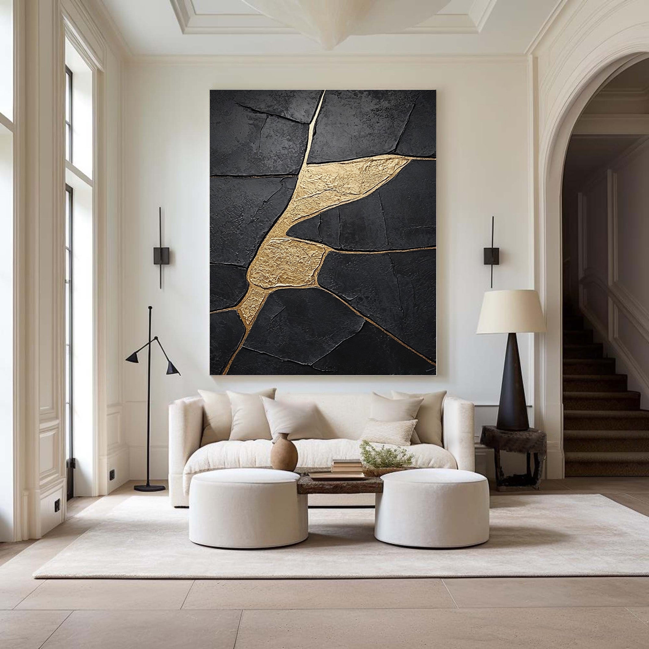 Large Black Abstract with Gold Repair Lines for Modern Home #BGA 272