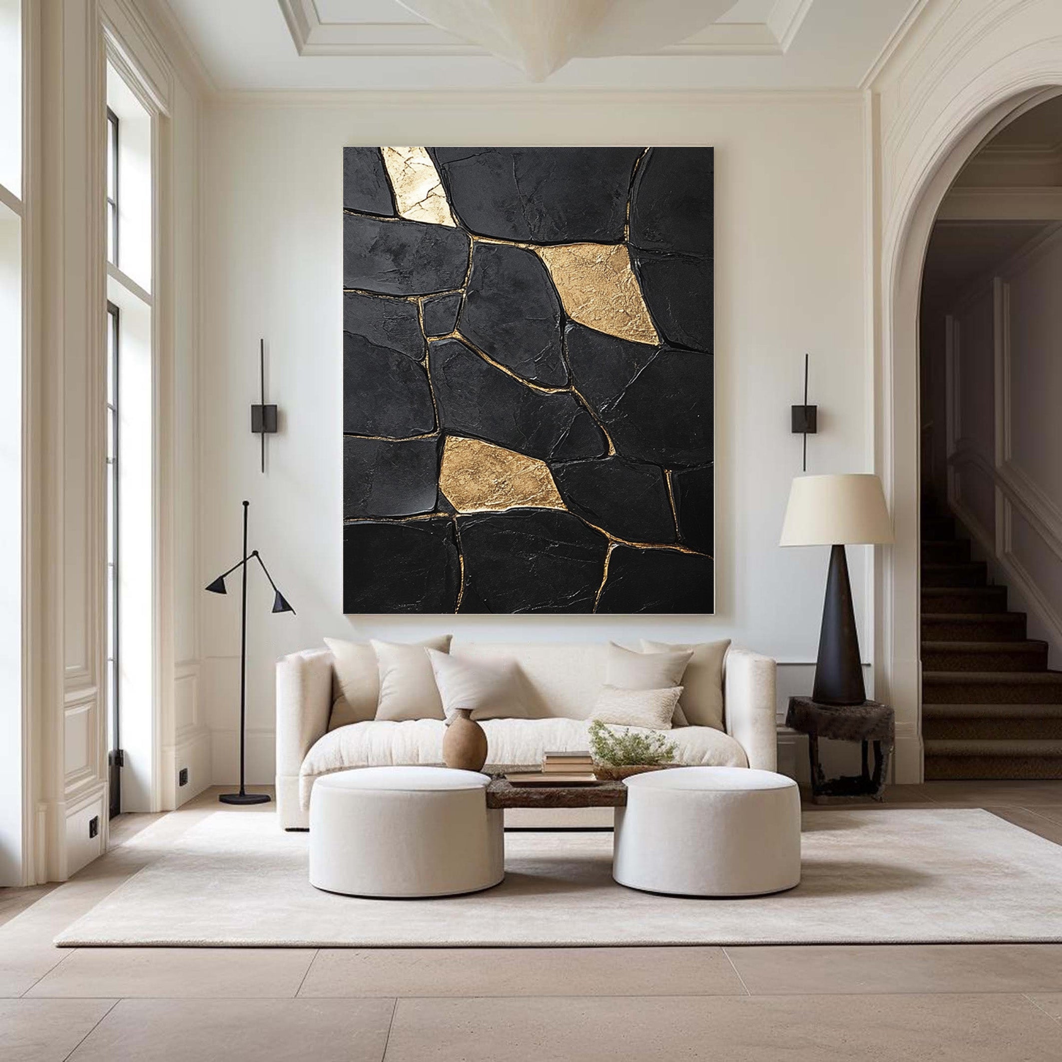 Large Textured Black Abstract with Geometric Gold Inlays #BGA 270