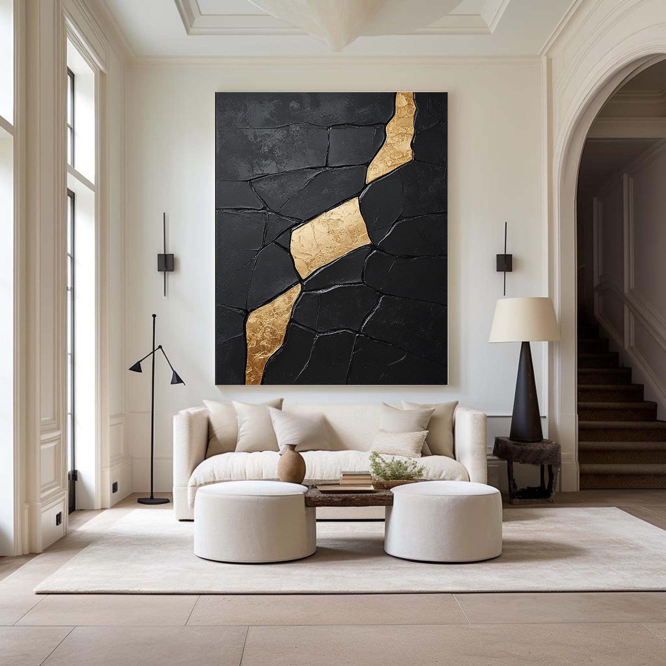 Contemporary Black Impasto with Diagonal Flowing Organic Gold #BGA 274