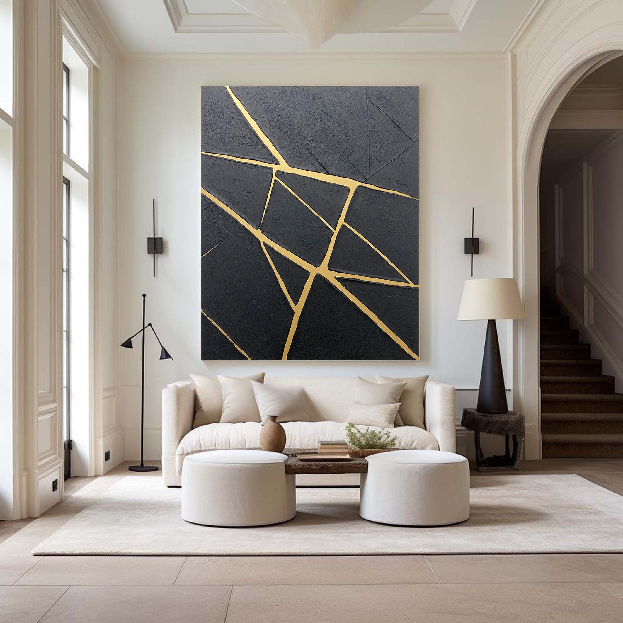 Contemporary Black Impasto with Luminous Linear Gold Markings #BGA 277