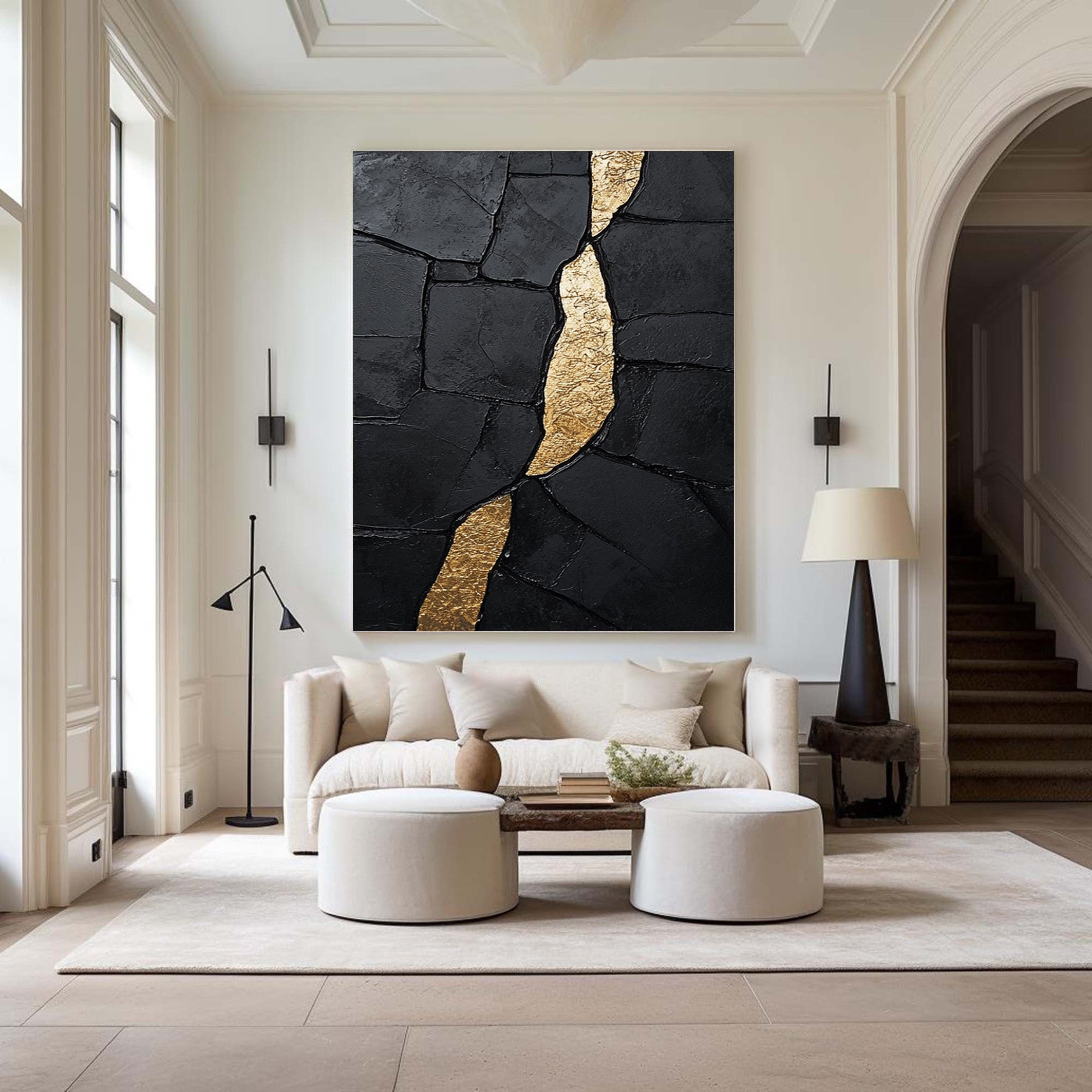 Large Heavily Textured Black and Gold Abstract for Luxe Decor #BGA 273