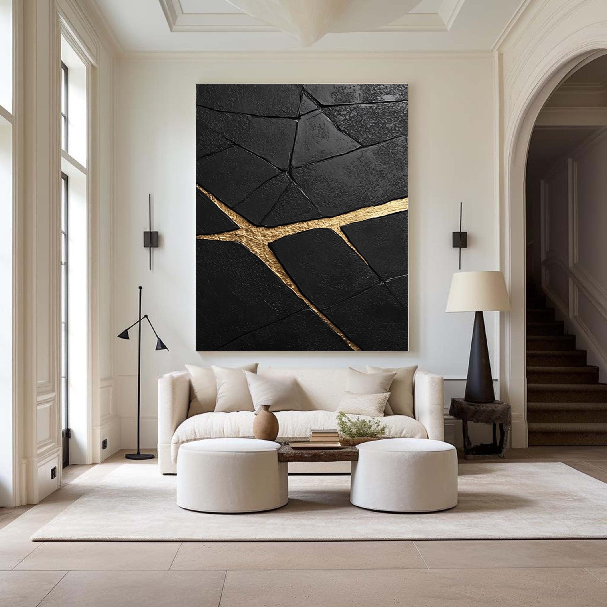 Contemporary Black Impasto Painting with Striking Gold Inlays #BGA 264