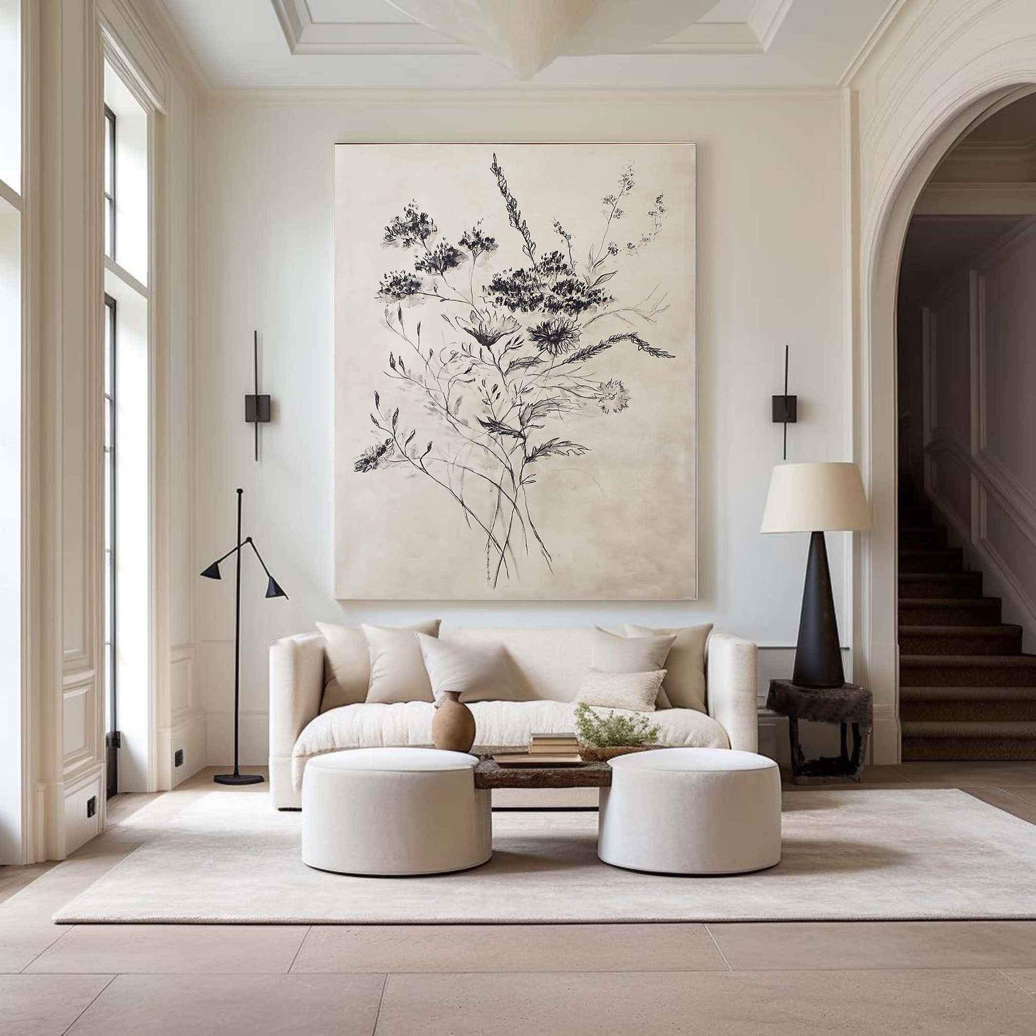 Beige Flower Drawing With Black Line, Contemporary Wall Art #BGA 095