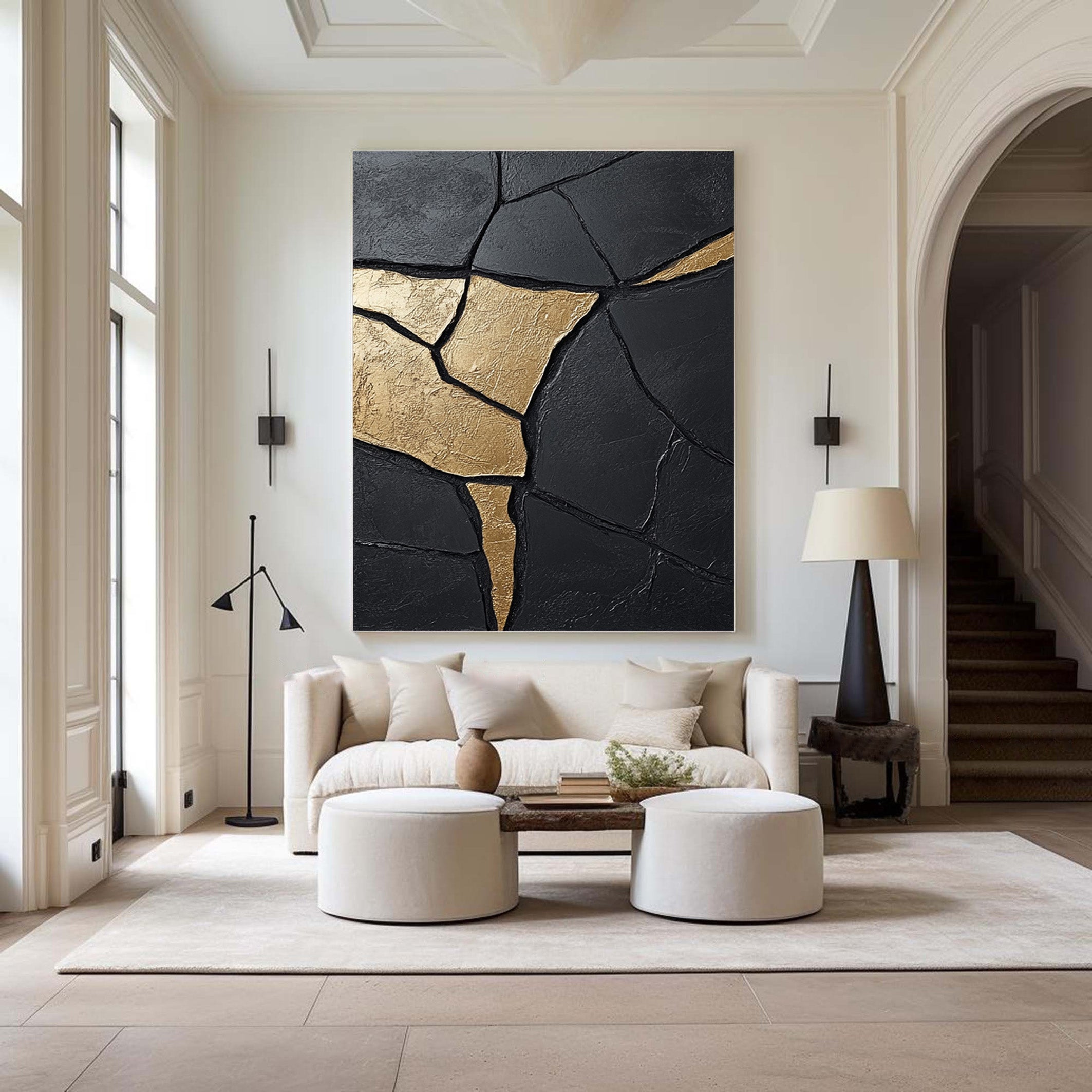 Large Contemporary Black Impasto with Flowing Gold Accents #BGA 271
