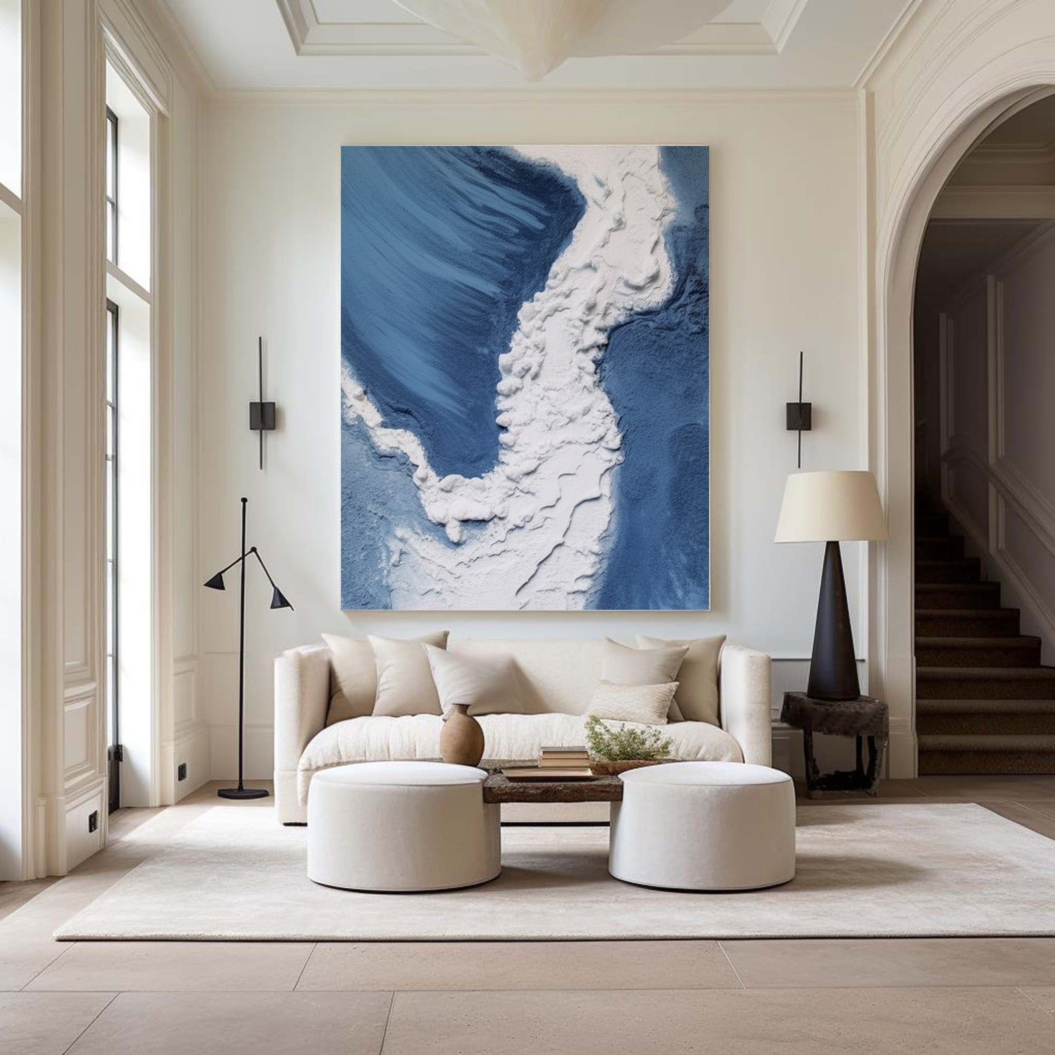 3D Textured Aerial Ocean, Minimalist Blue and White Art #BGA 247
