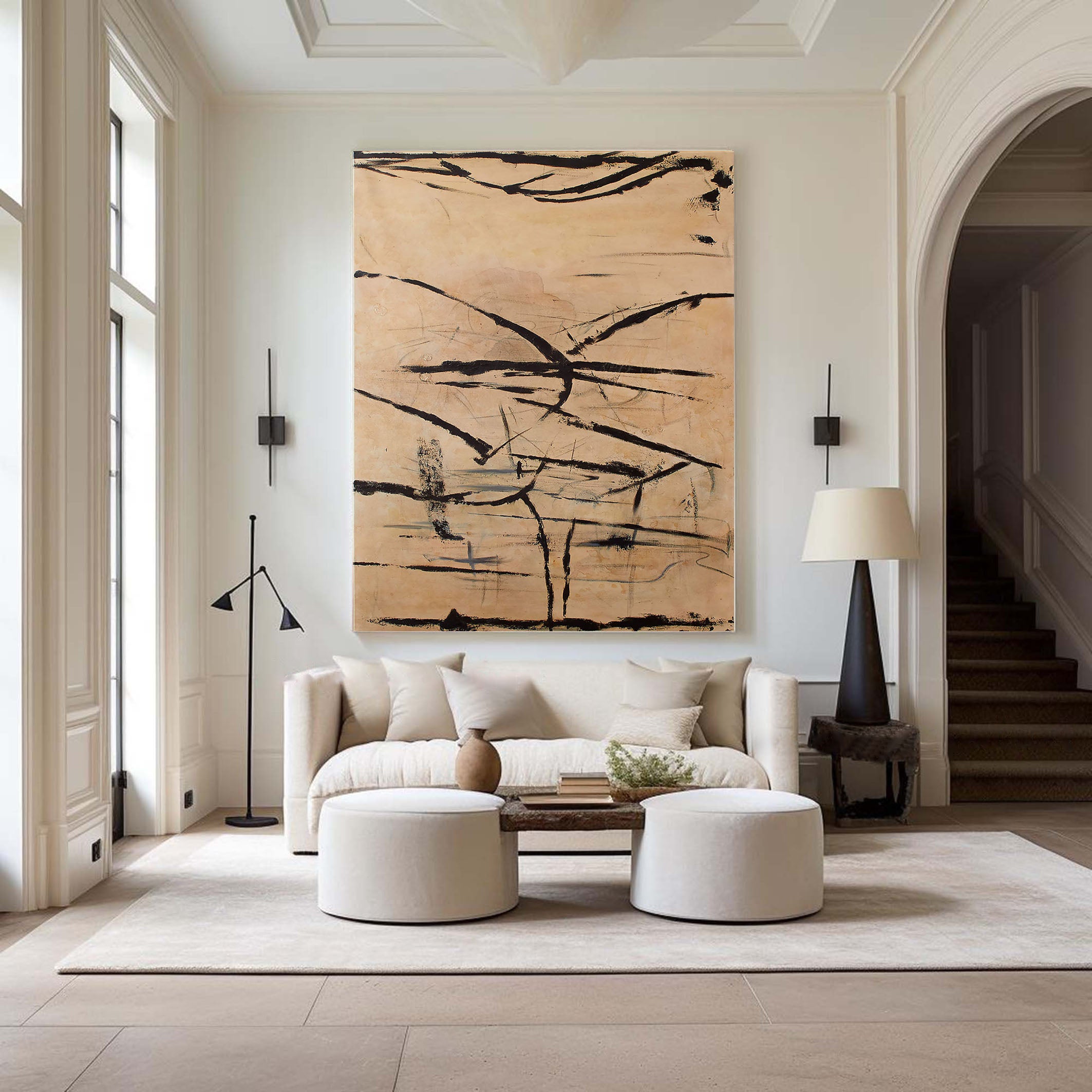 Beige and Black Abstract Line Canvas, Modern Minimalist Style #BGA 088