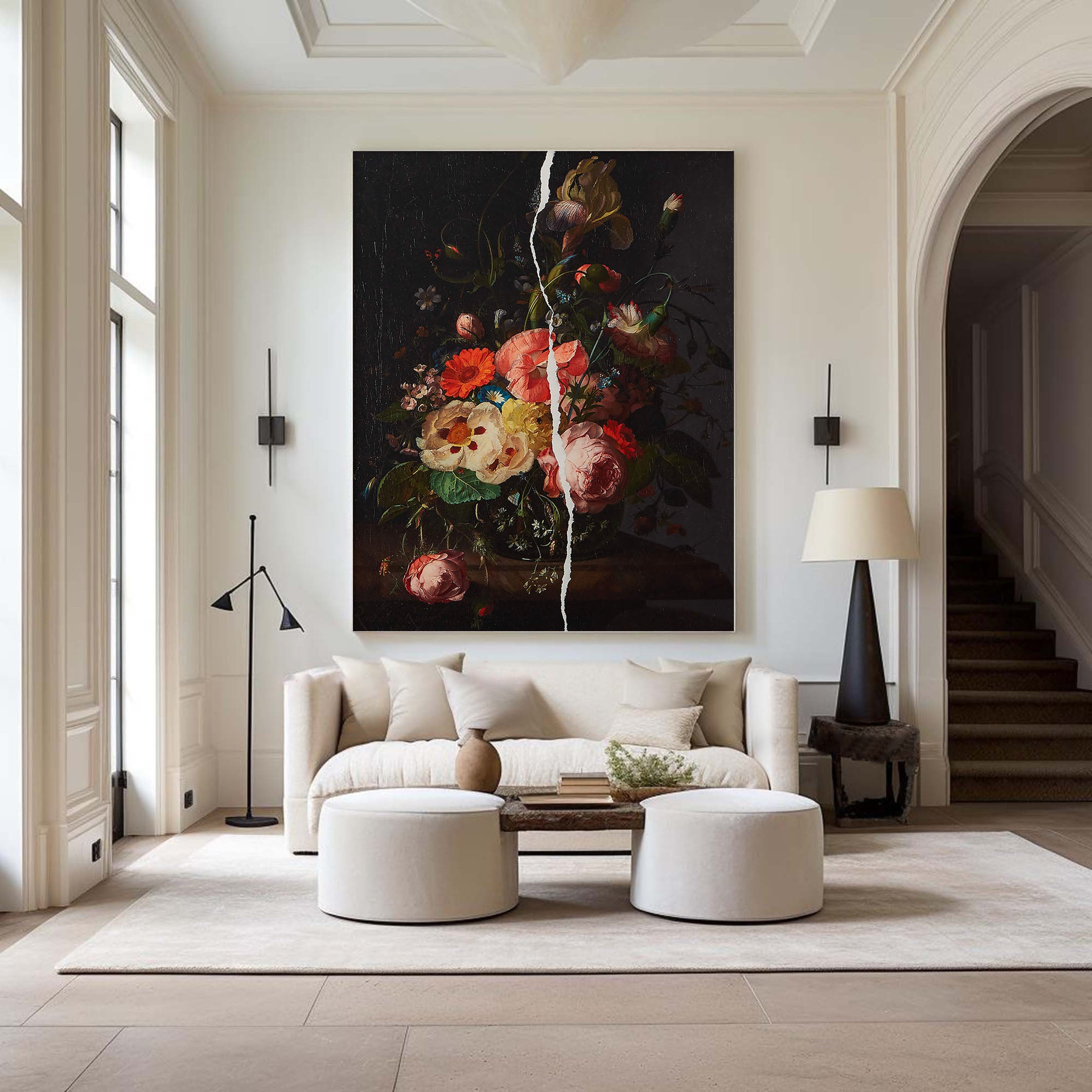 Colorful Flowers In Dark and White Crack, Contemporary Canvas #BGA 090