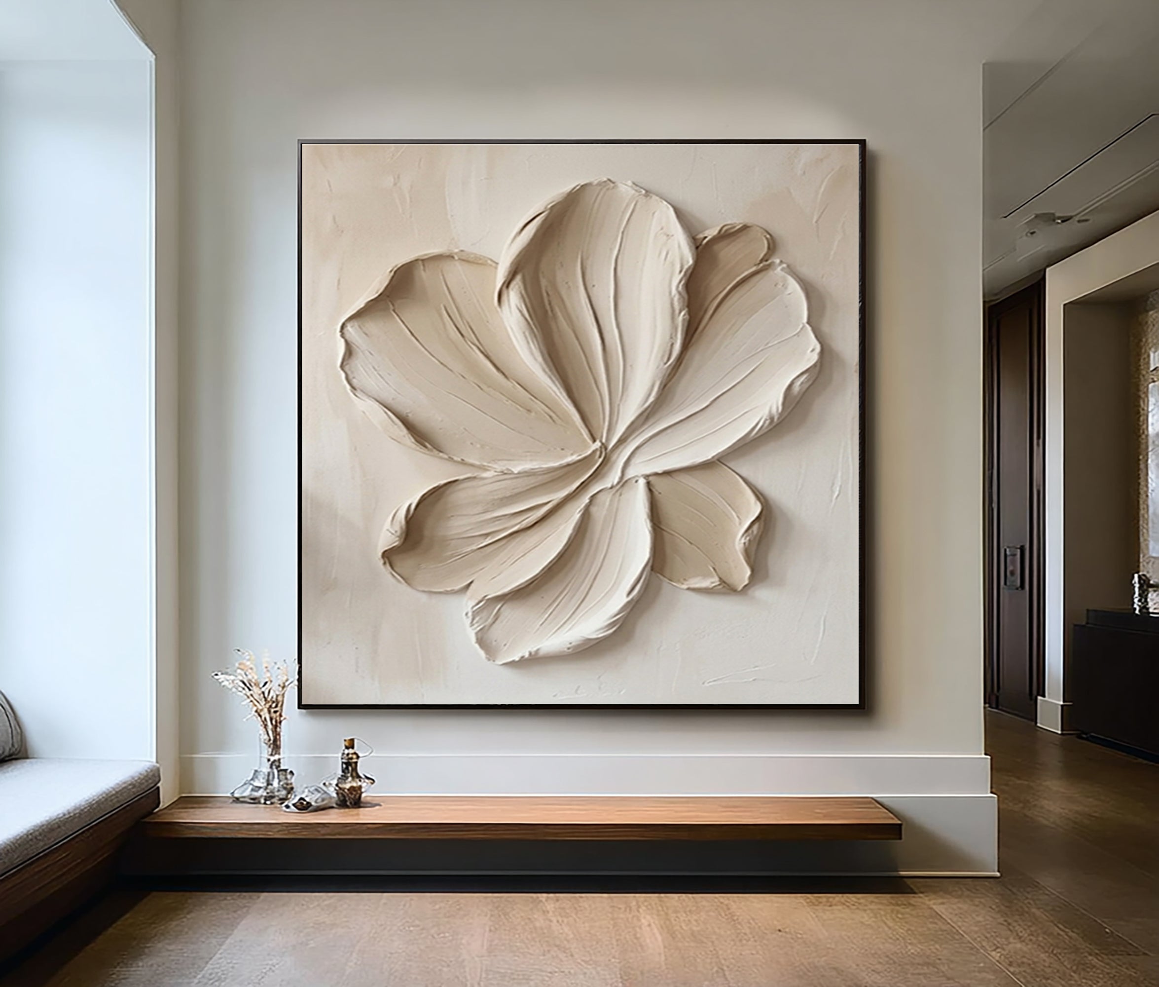 Large Floral Textured Wall Art Hand Painted Neutral Canvas Painting