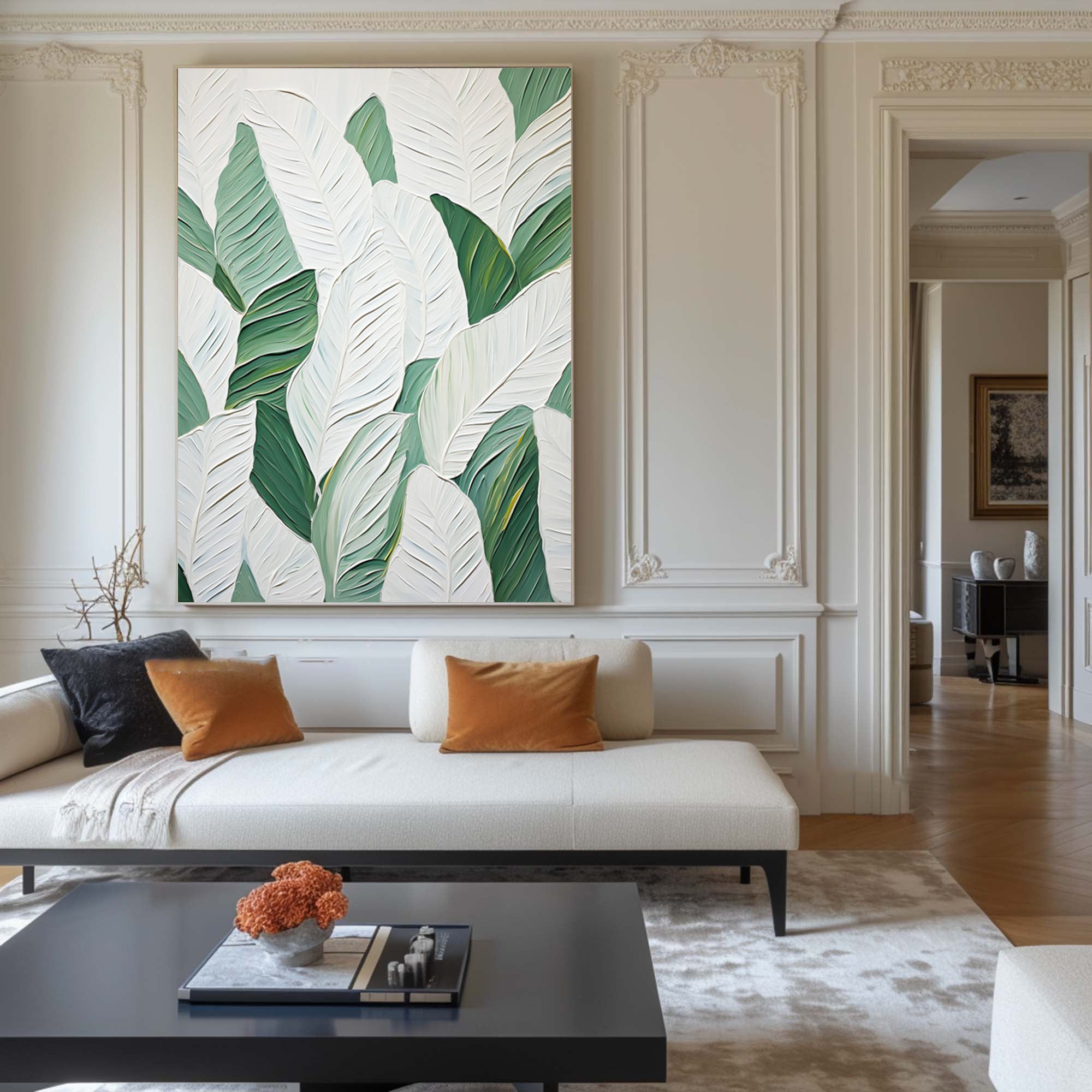 Leaf Symphony: Green and White Botanical Wall Art #BGM 050