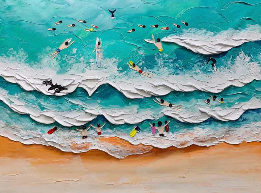 Colorful Beach with Surfers, Tactile Ocean Wall Art #BGA 235