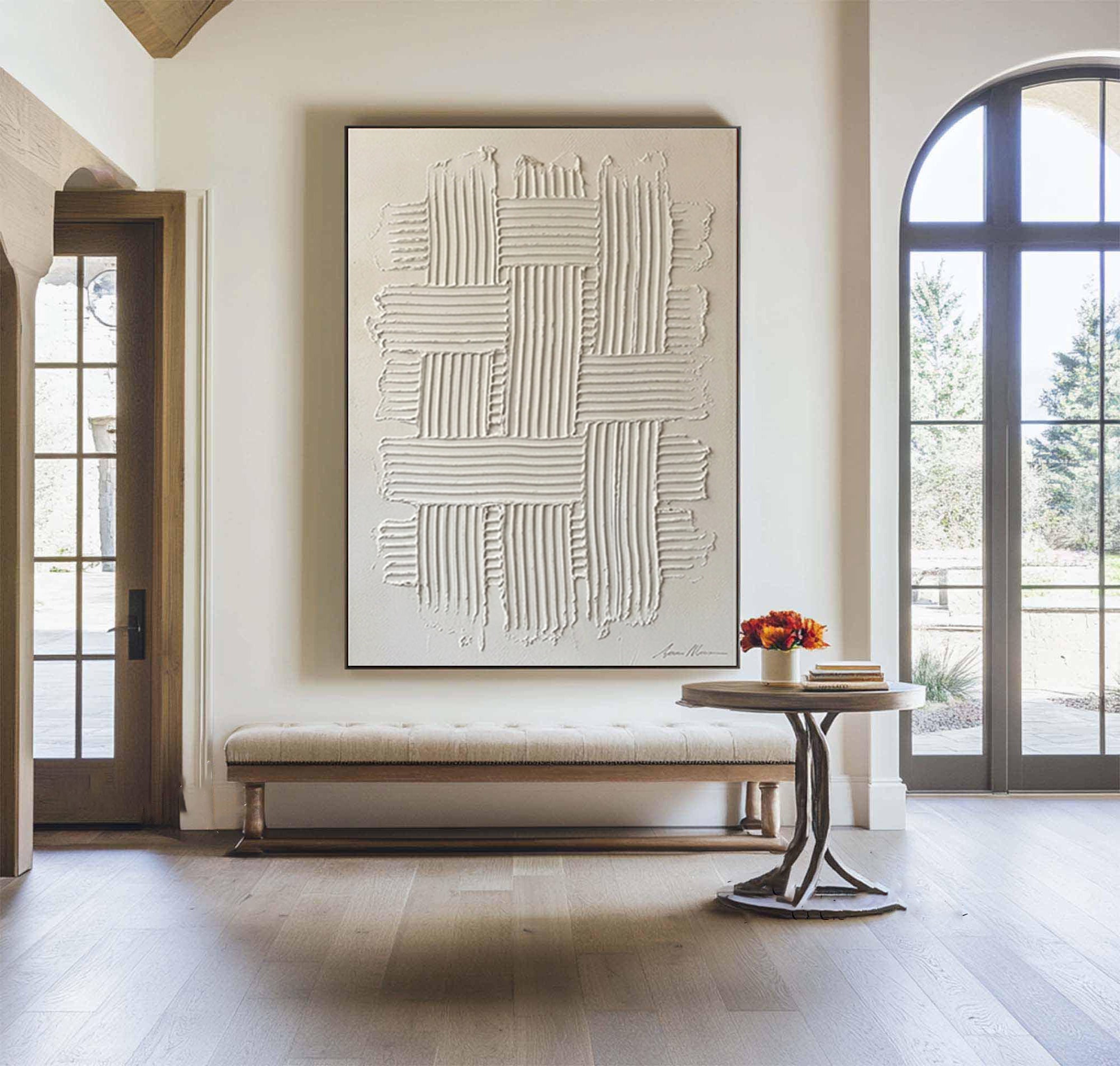 Large White Textured Wall Art Minimalist Geometric Canvas Painting