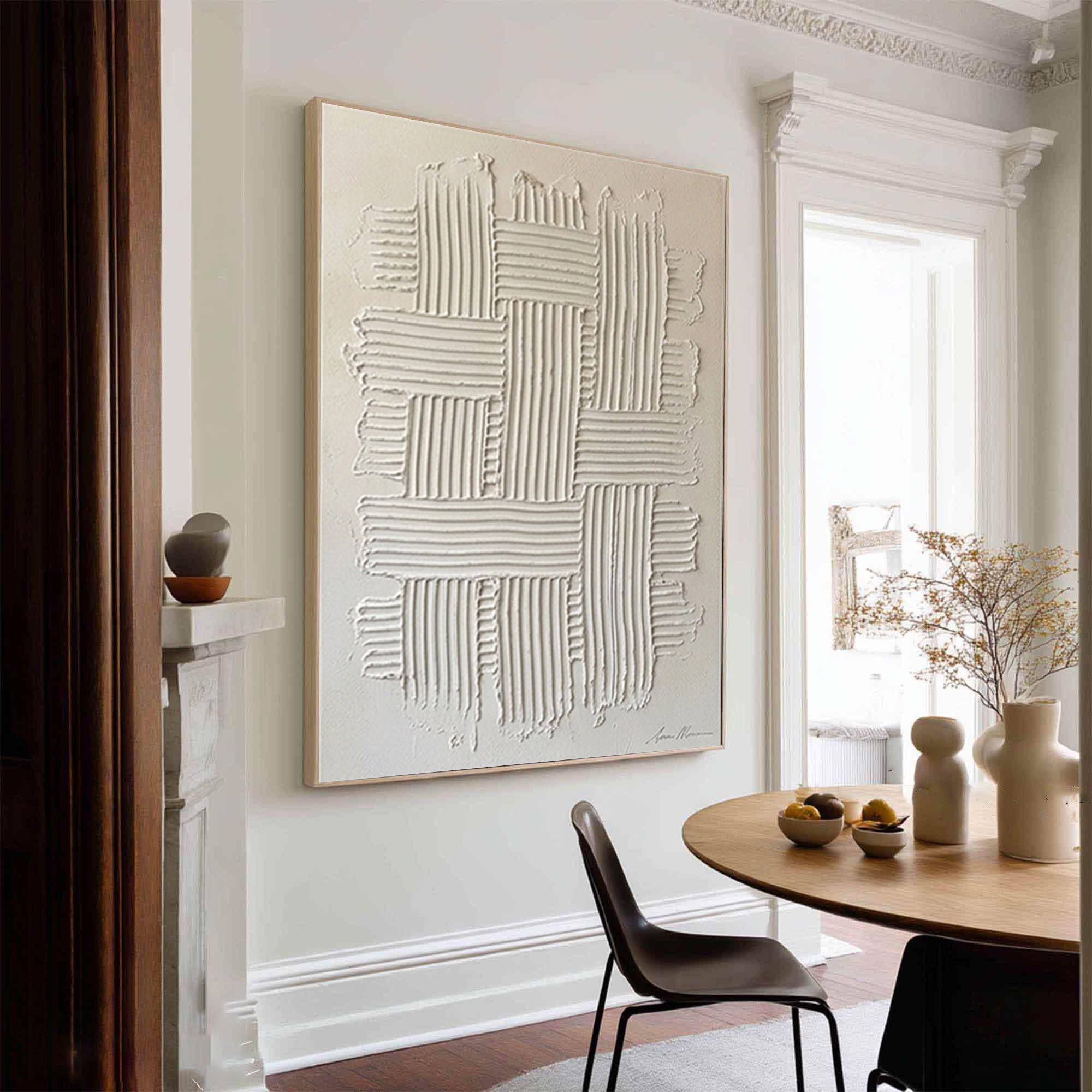 Large White Textured Wall Art Minimalist Geometric Canvas Painting
