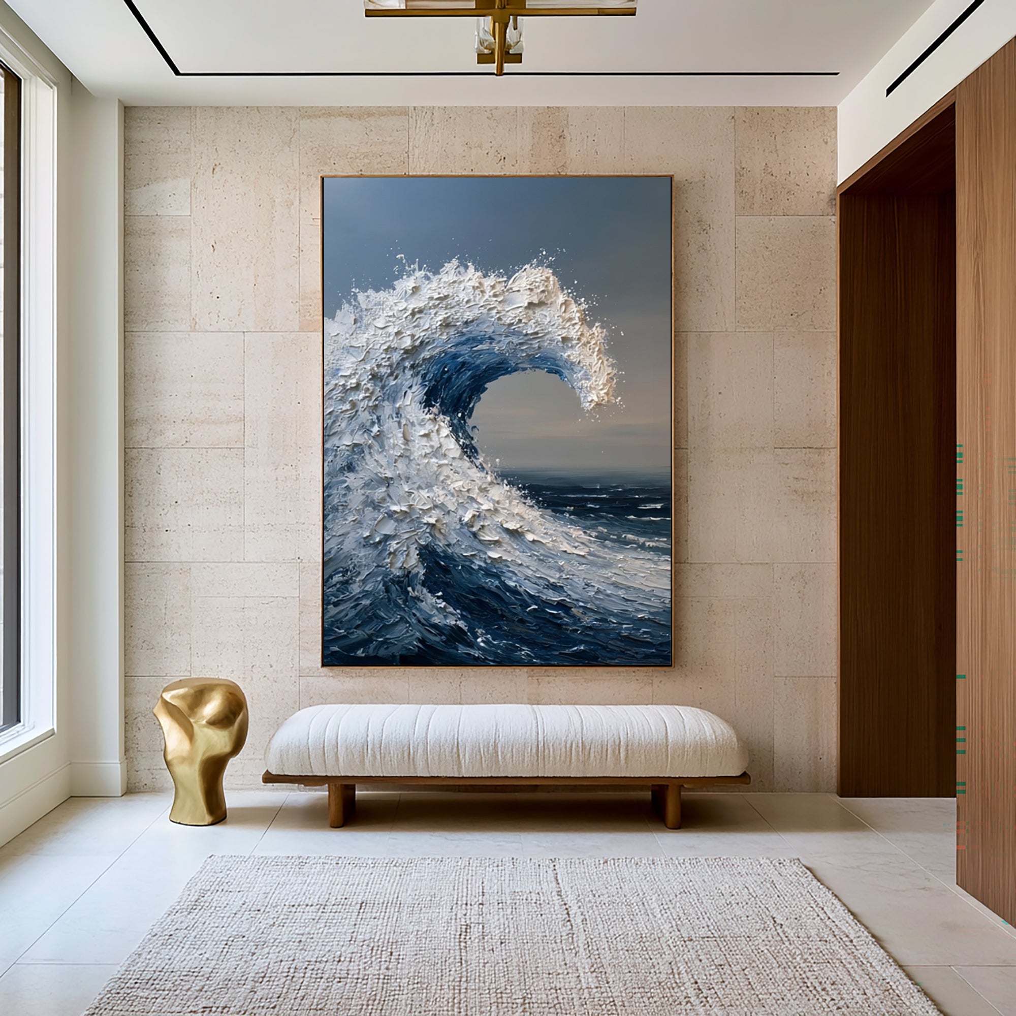 Large Coastal Ocean Wave Wall Art Textured Oil Painting Blue Sea Artwork Modern Beach House Decor Luxury Interior Design