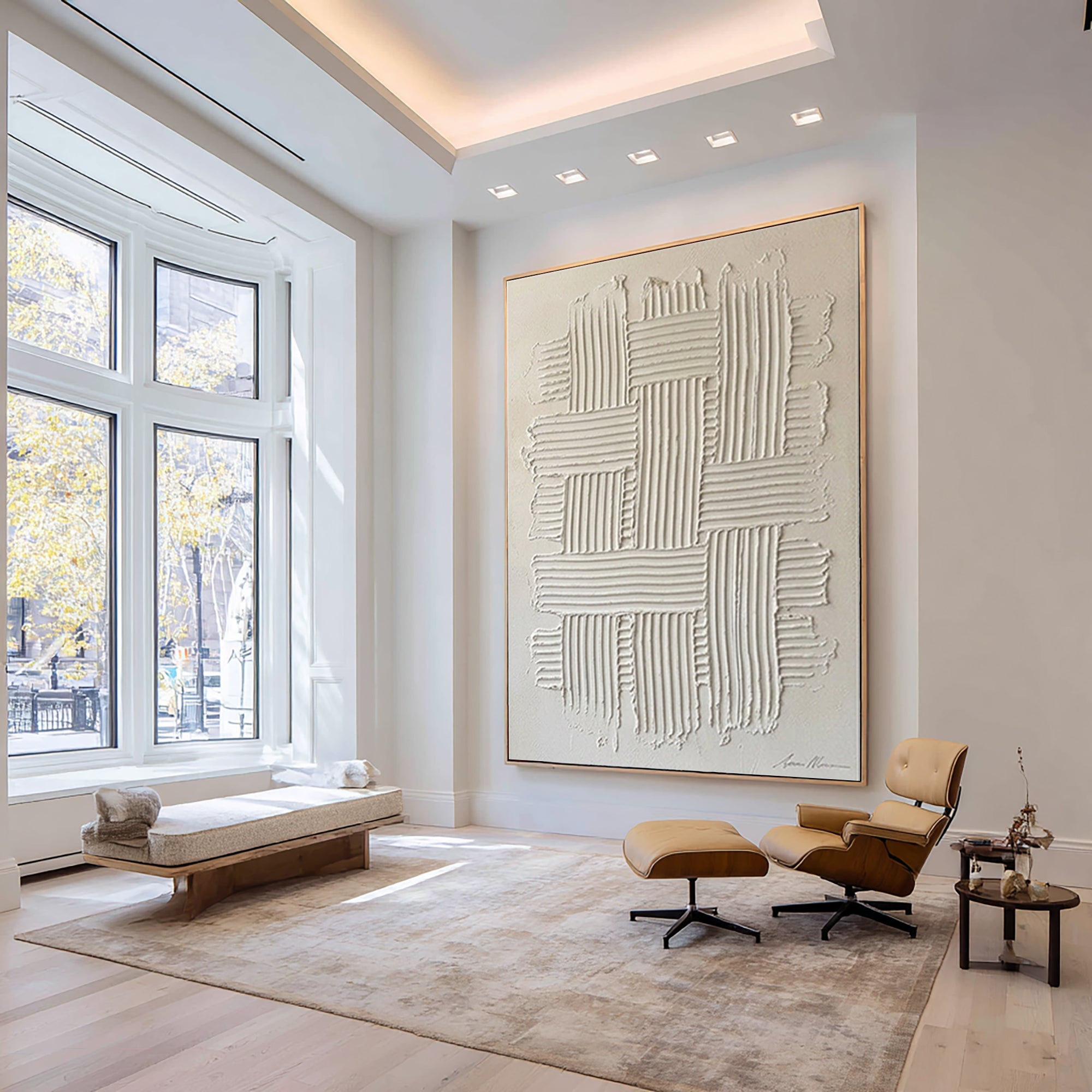 Large White Textured Wall Art Minimalist Geometric Canvas Painting