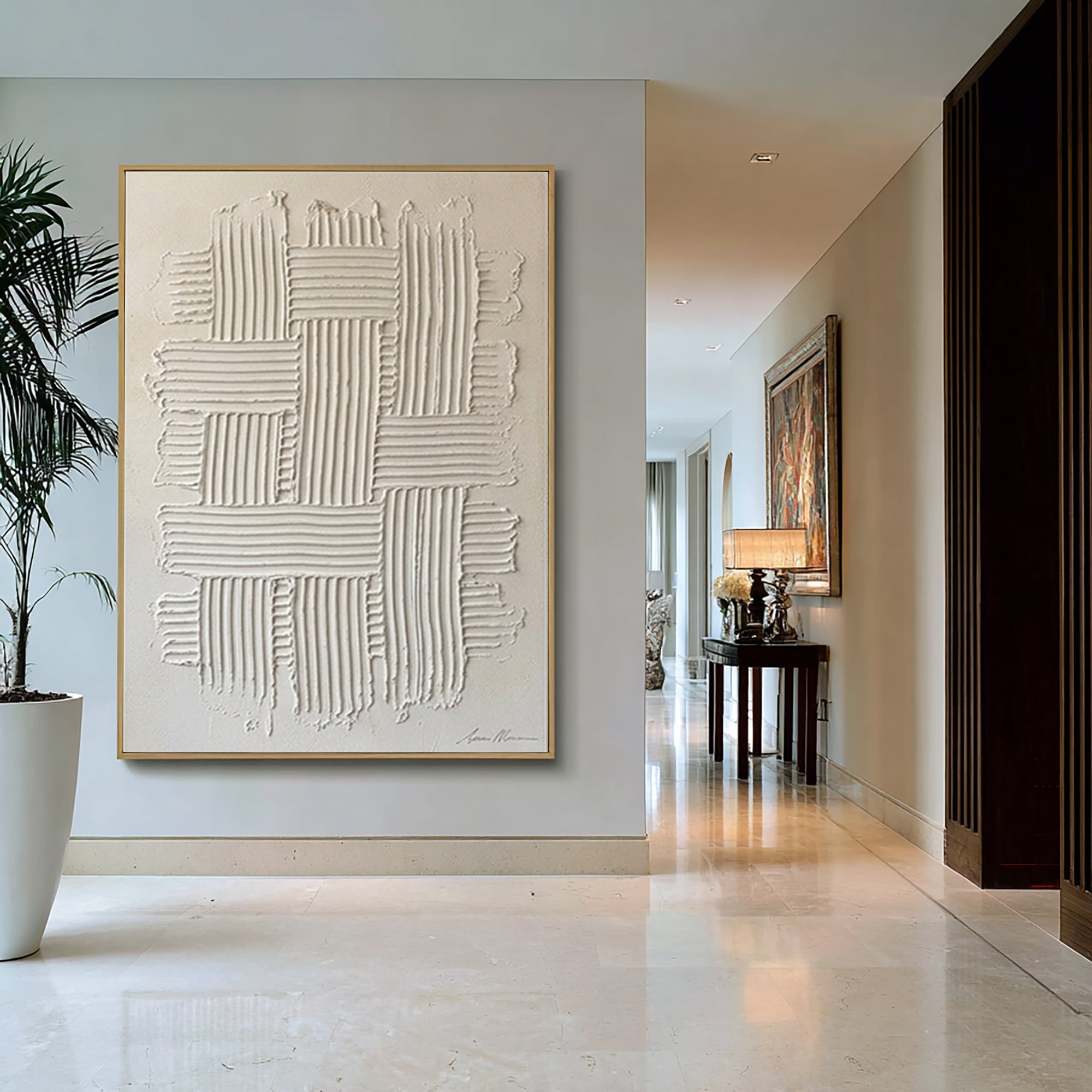Large White Textured Wall Art Minimalist Geometric Canvas Painting